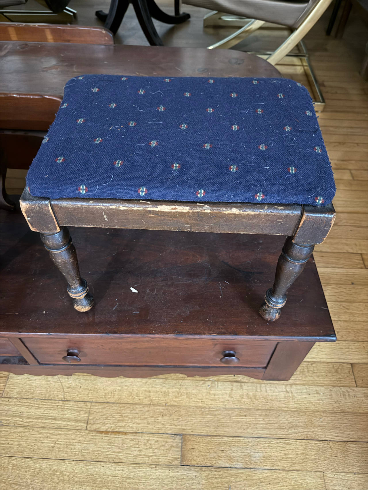 Vintage Upholstered Footstool with Turned Legs