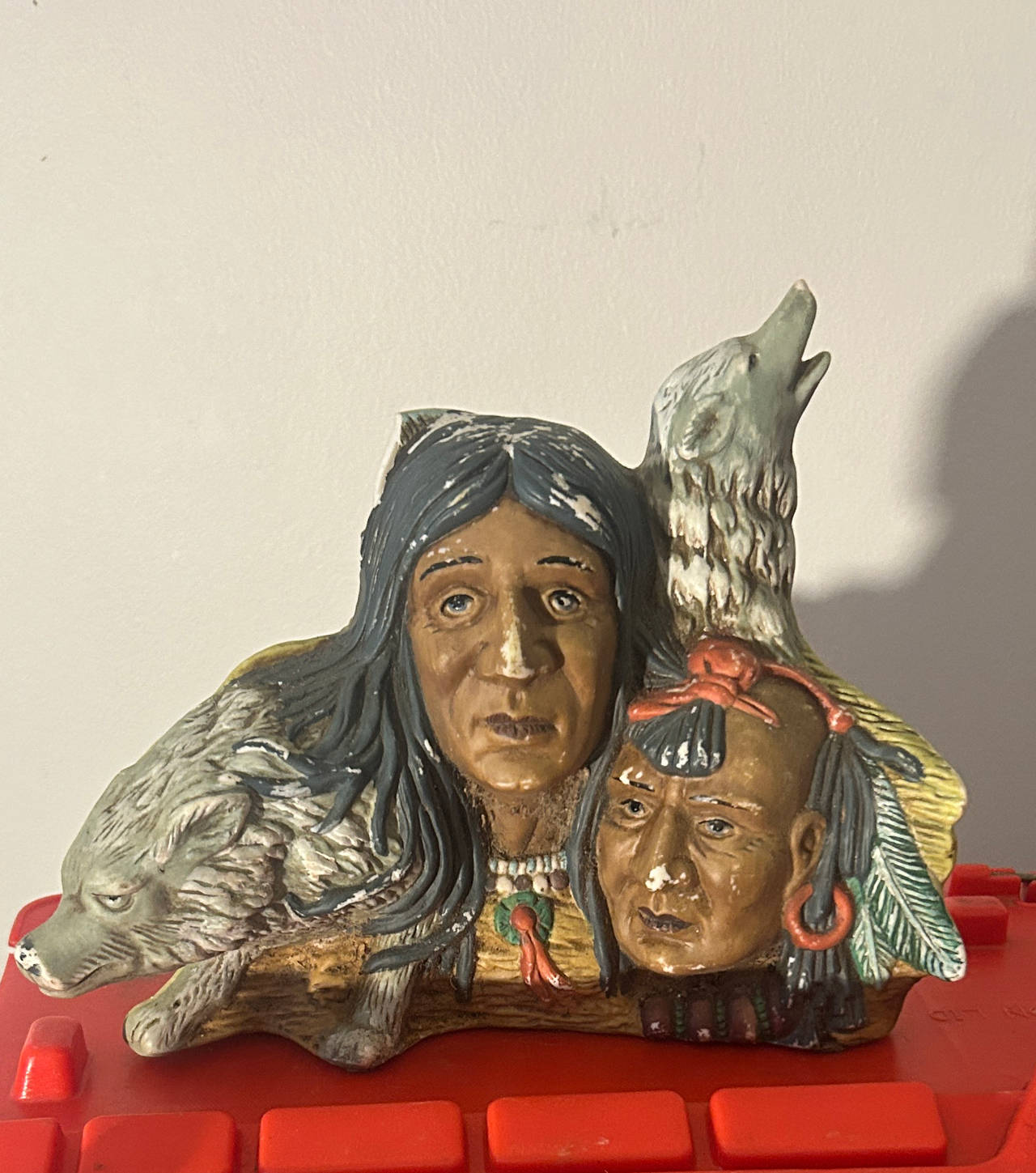 Native American and Wolf Decorative Sculpture