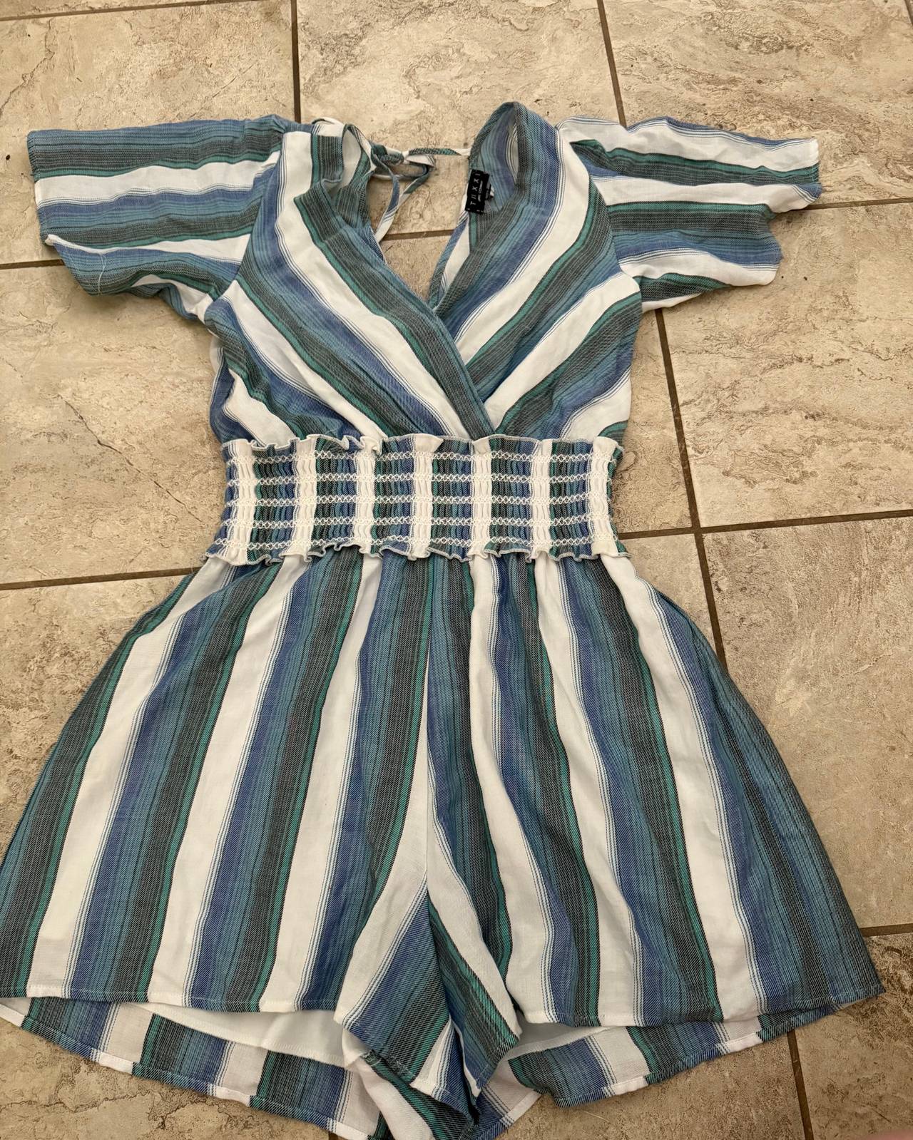 Trixxi Striped Short Sleeve Romper with Smocked Waist