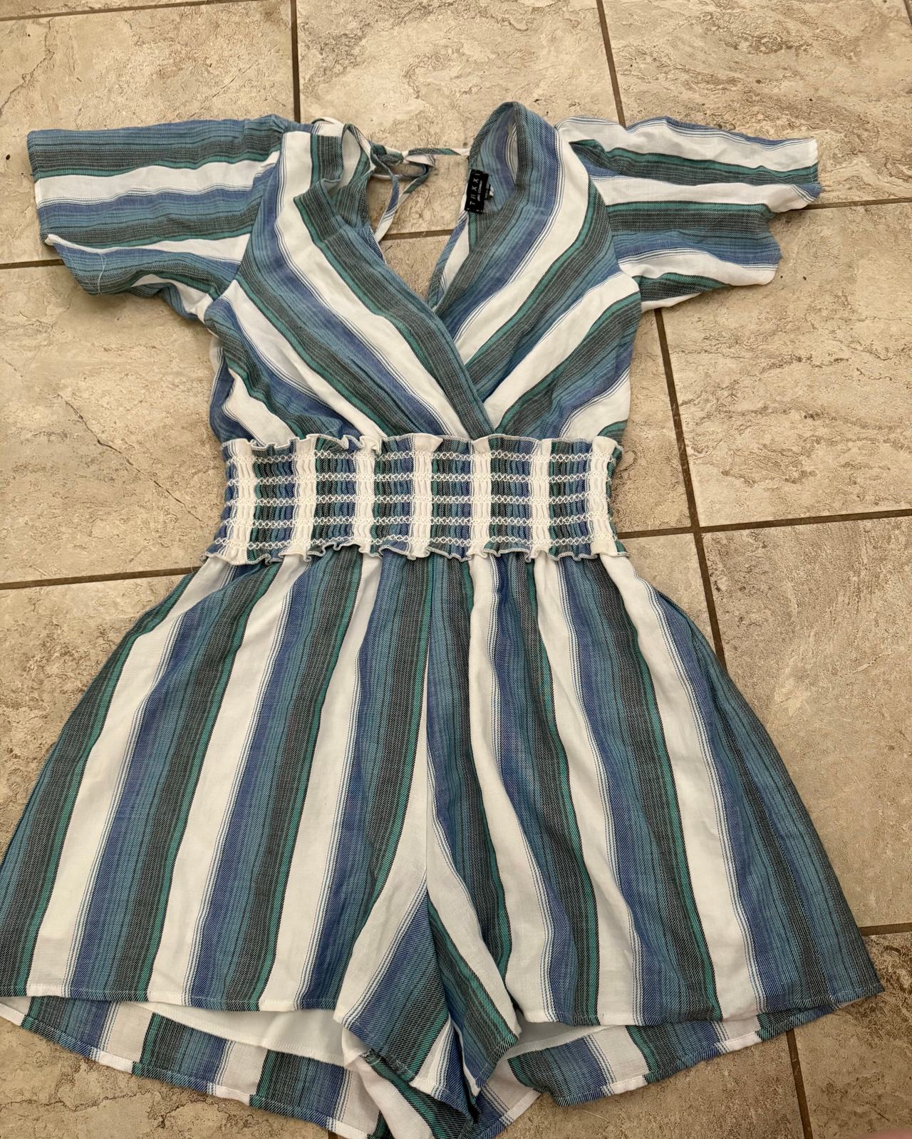 Trixxi Striped Short Sleeve Romper with Smocked Waist