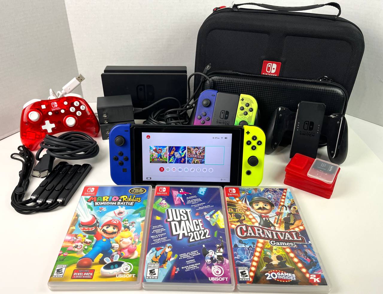 Nintendo Switch HAC-001 Dock Joy Cons 3 Games Case Mario + Rabbids