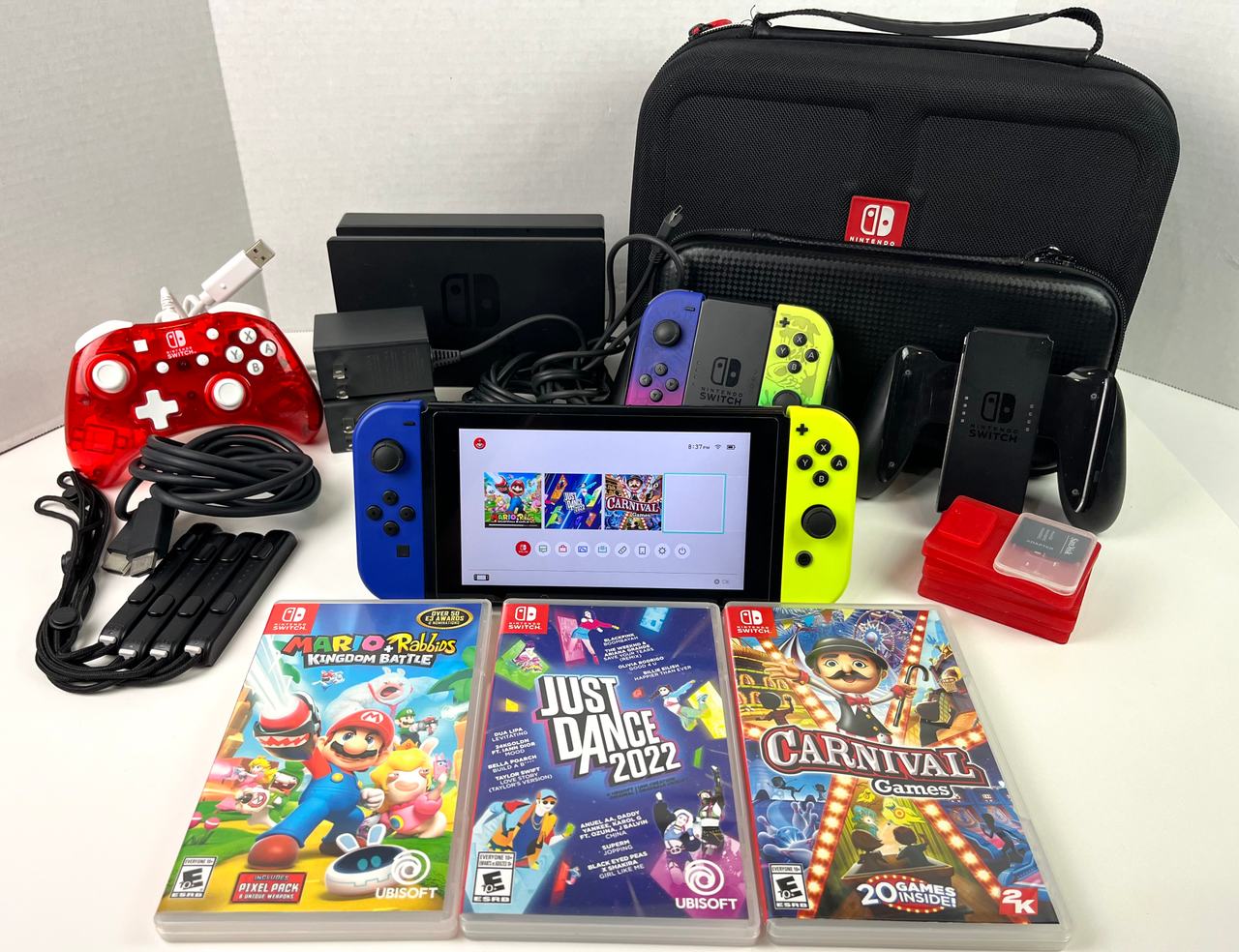 Nintendo Switch HAC-001 Dock Joy Cons 3 Games Case Mario + Rabbids