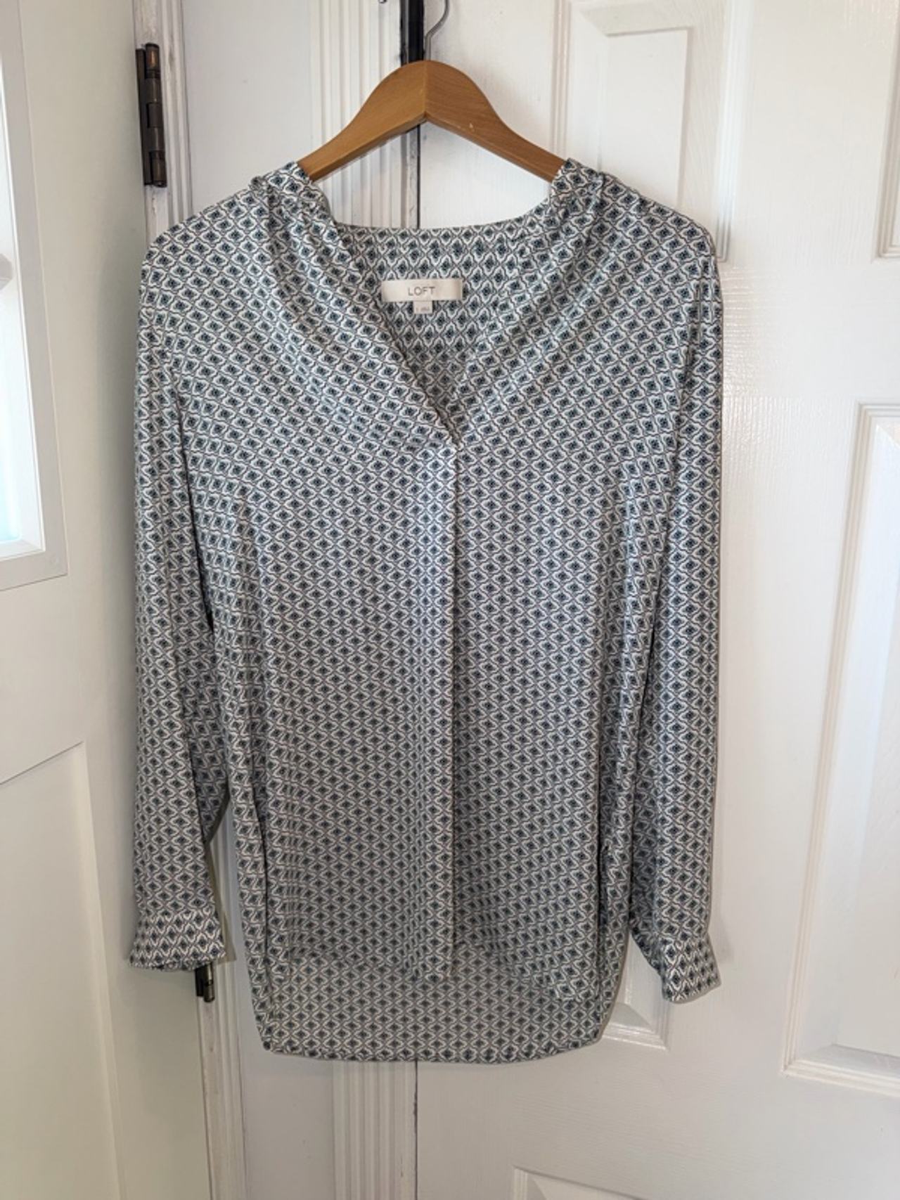 LOFT Block Print Long Sleeve Petite Blouse SMALL S