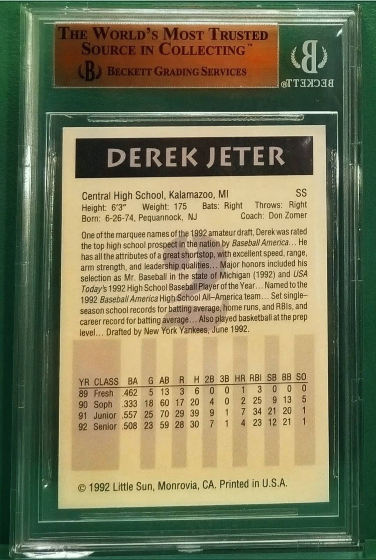 1992 Little Sun H.S. Prospects #2 Derek Jeter BGS 9.5