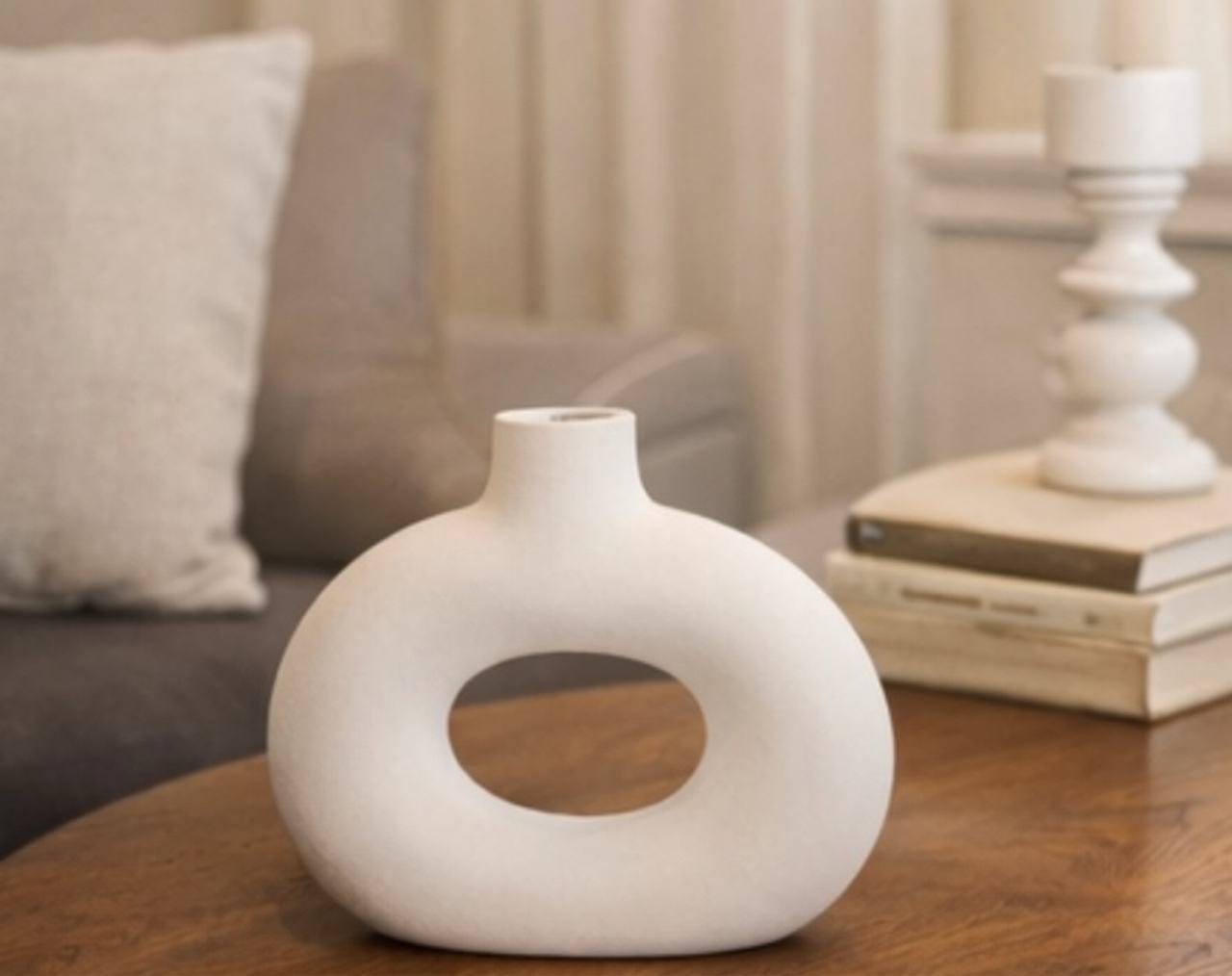 Amber Oasis White Ceramic Donut Vase
