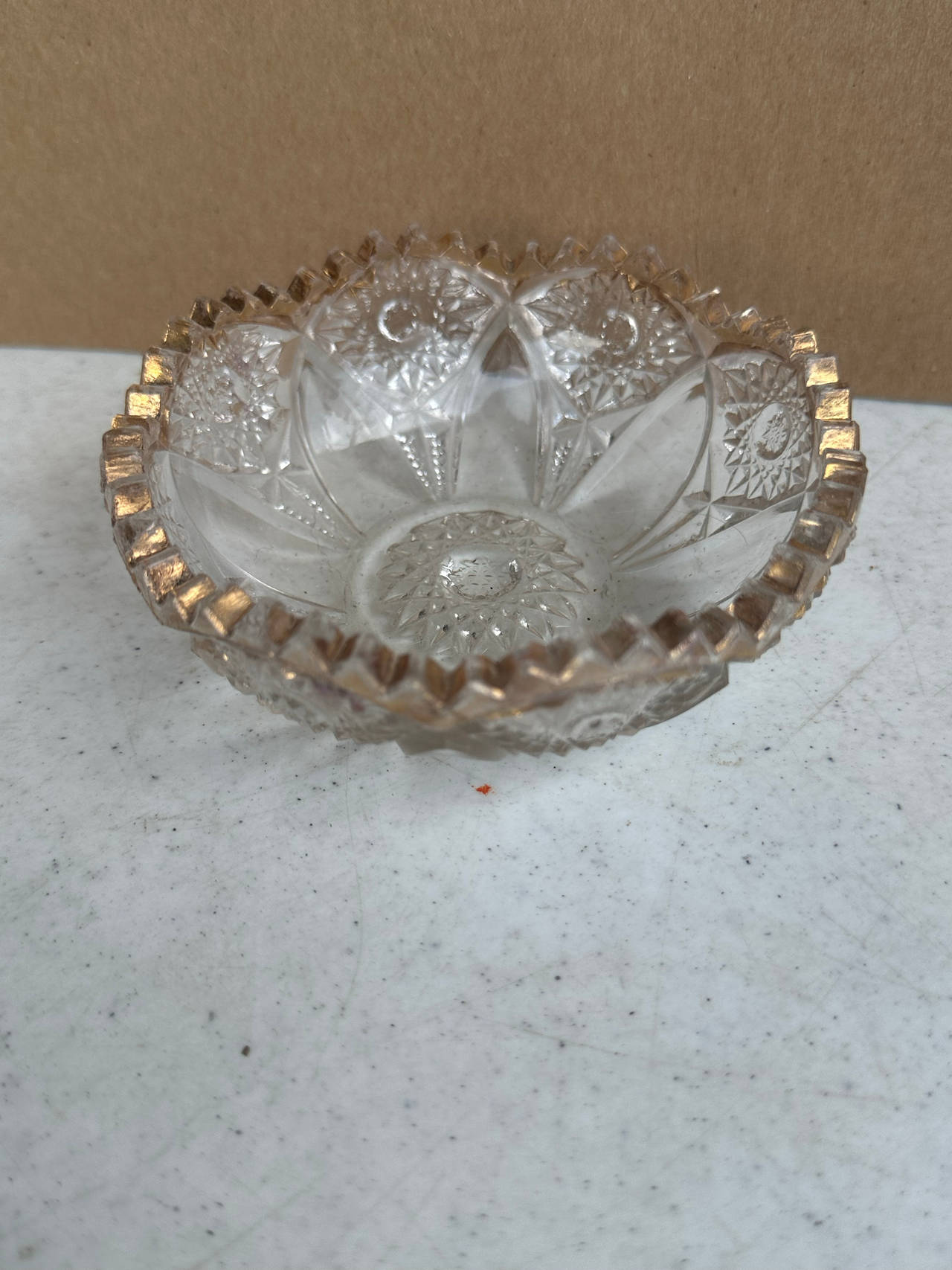 Vintage Pressed Glass Star and Fan Bowl with Gold Rim