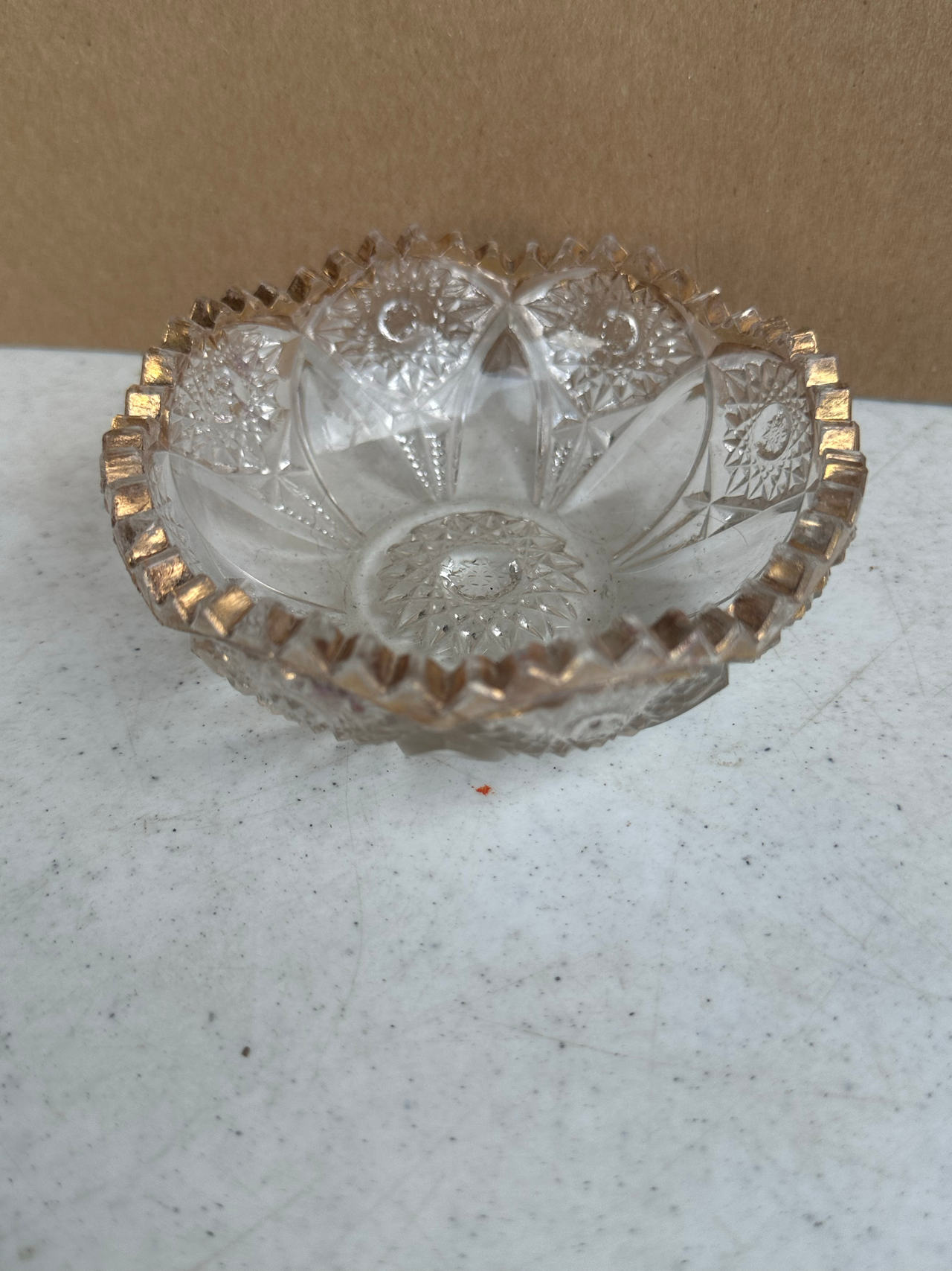 Vintage Pressed Glass Star and Fan Bowl with Gold Rim