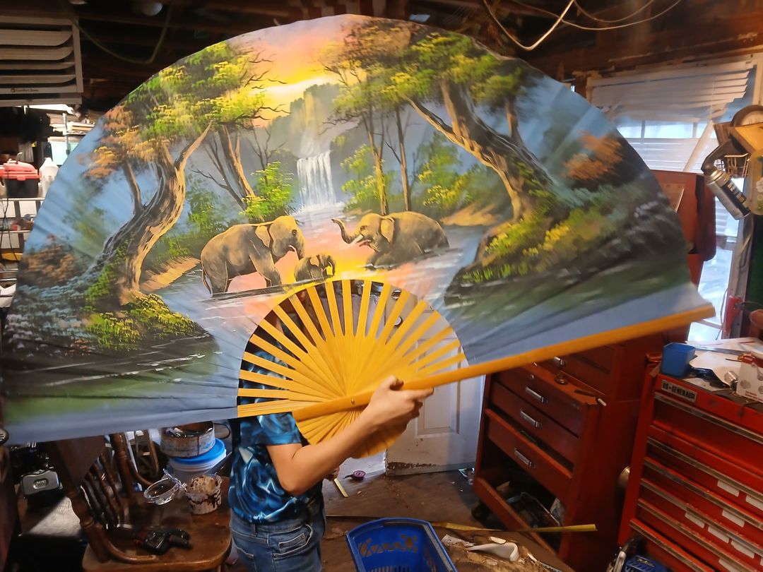 Large Decorative Bamboo Wall Fan with Elephant Painting