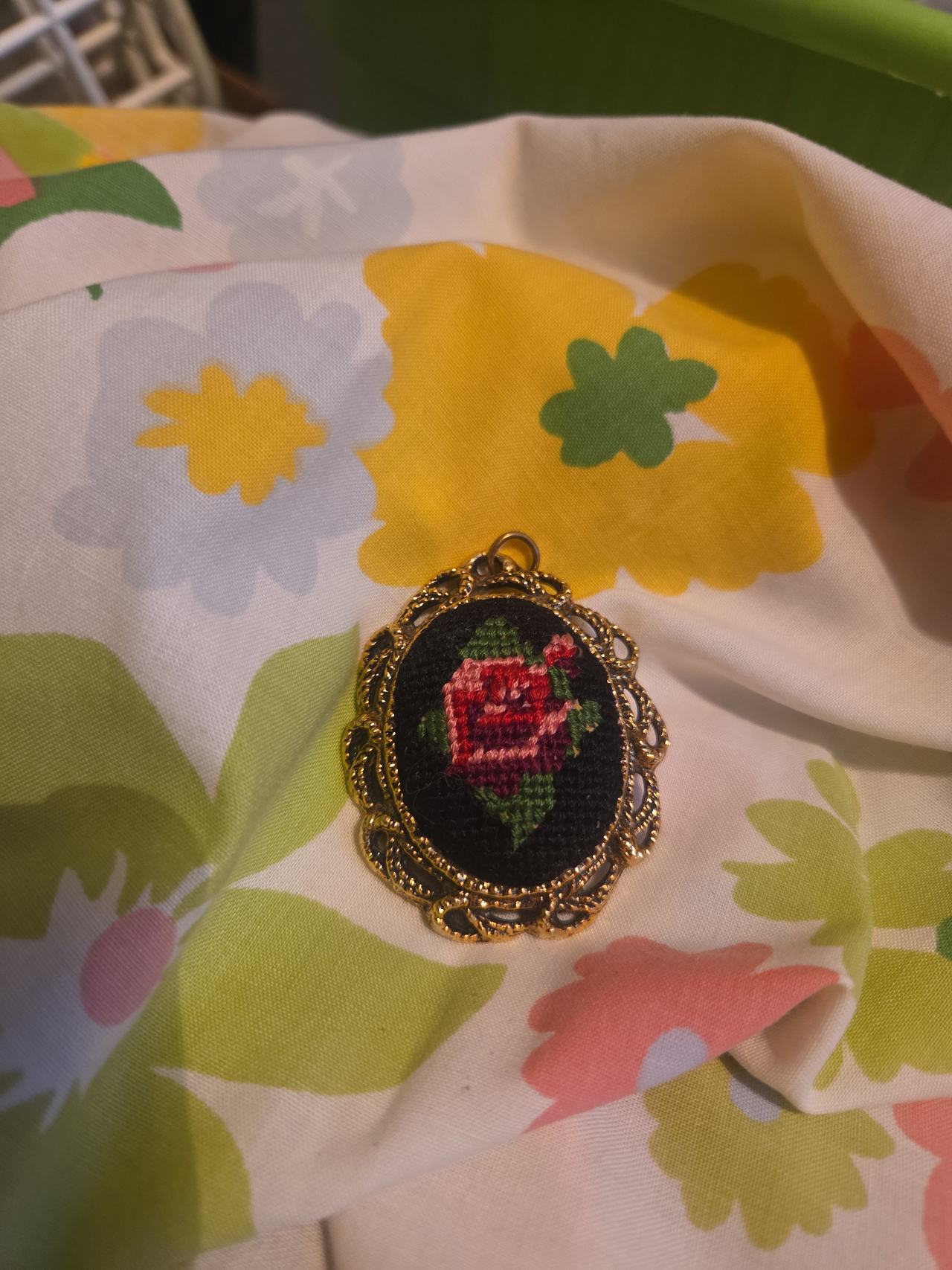 Vintage Petit Point Rose Pendant