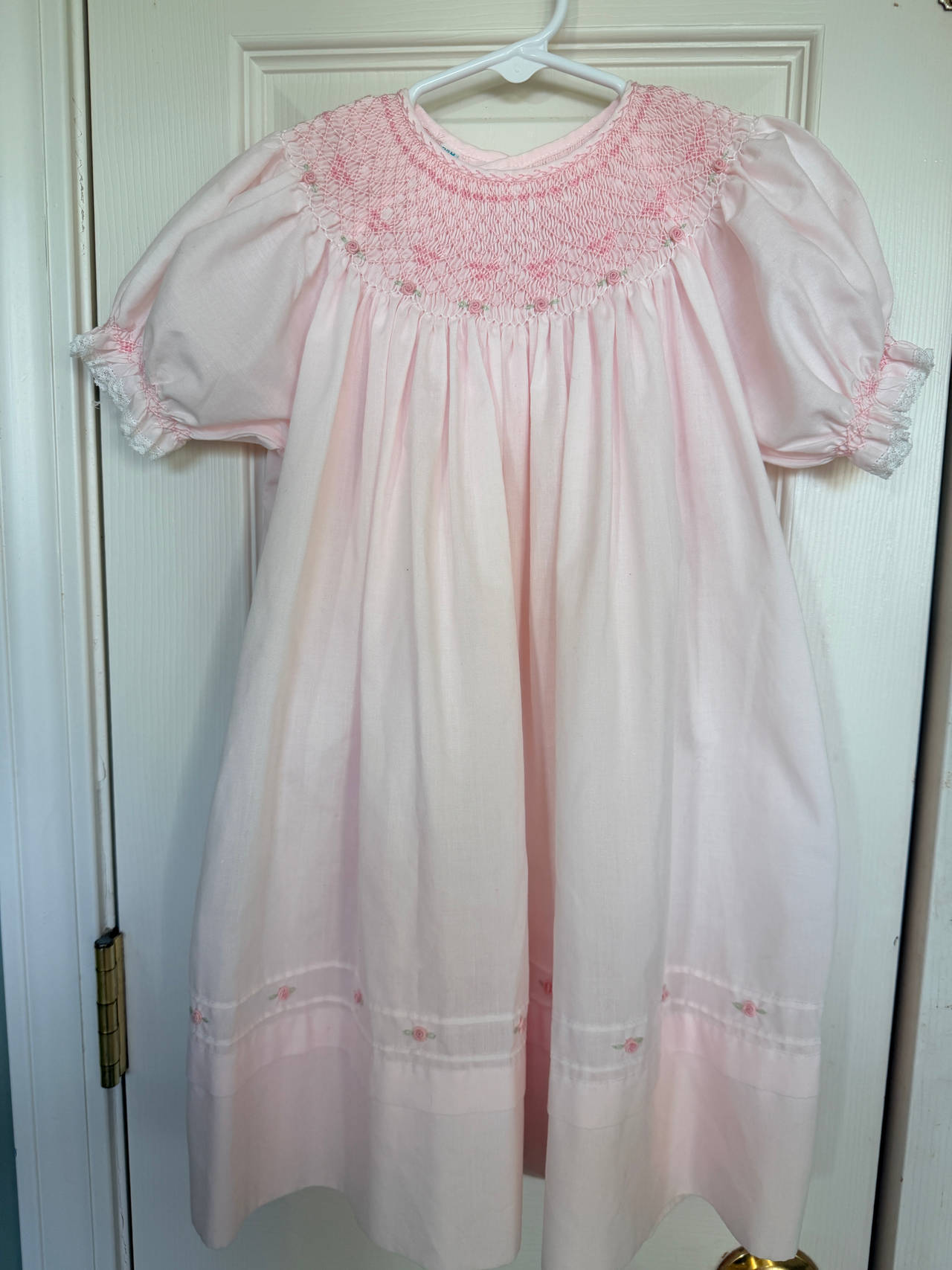 Feltman Bros Pink Smocked Bishop Dress with Floral Embroidery 24m