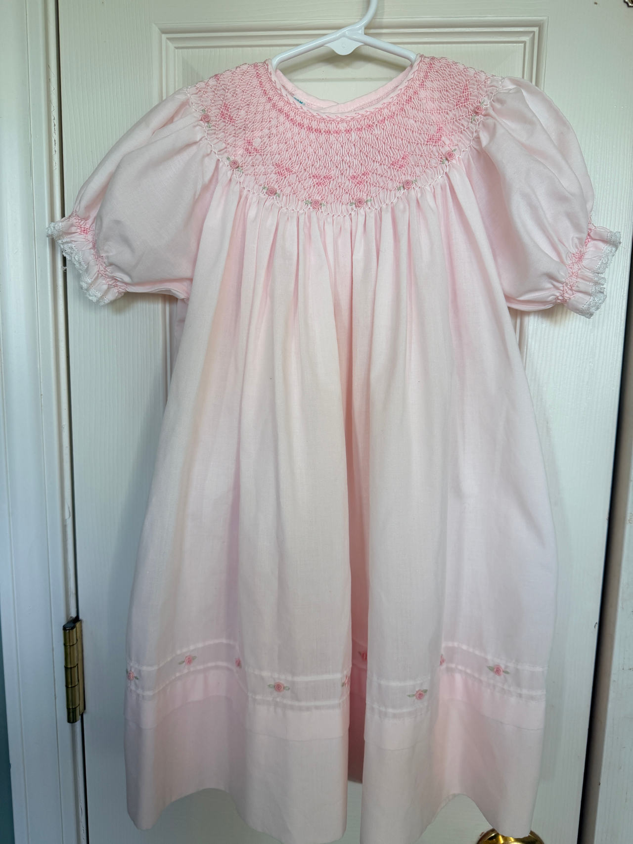Feltman Bros Pink Smocked Bishop Dress with Floral Embroidery 24m