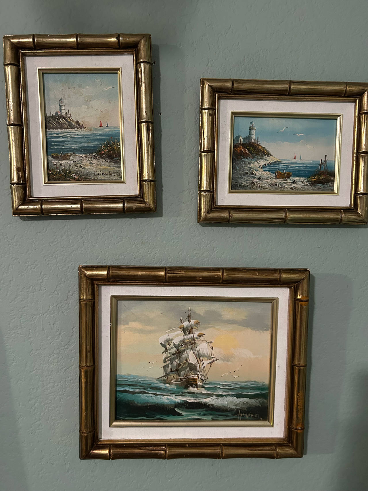 Brian Roche Nautical Oil Paintings in Faux Bamboo Frames