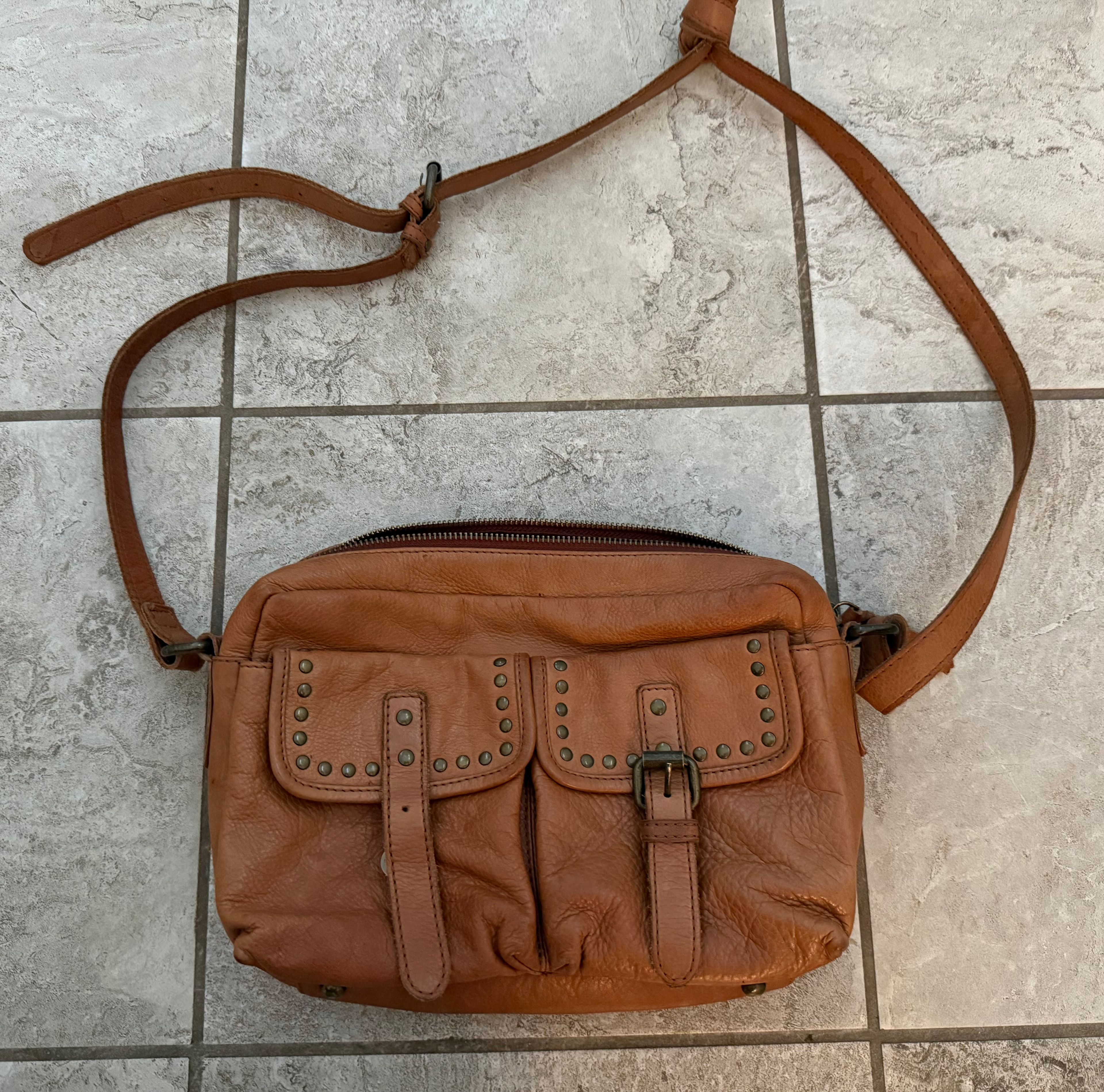 Ashwood Leather Brown Crossbody Bag with Studded Details