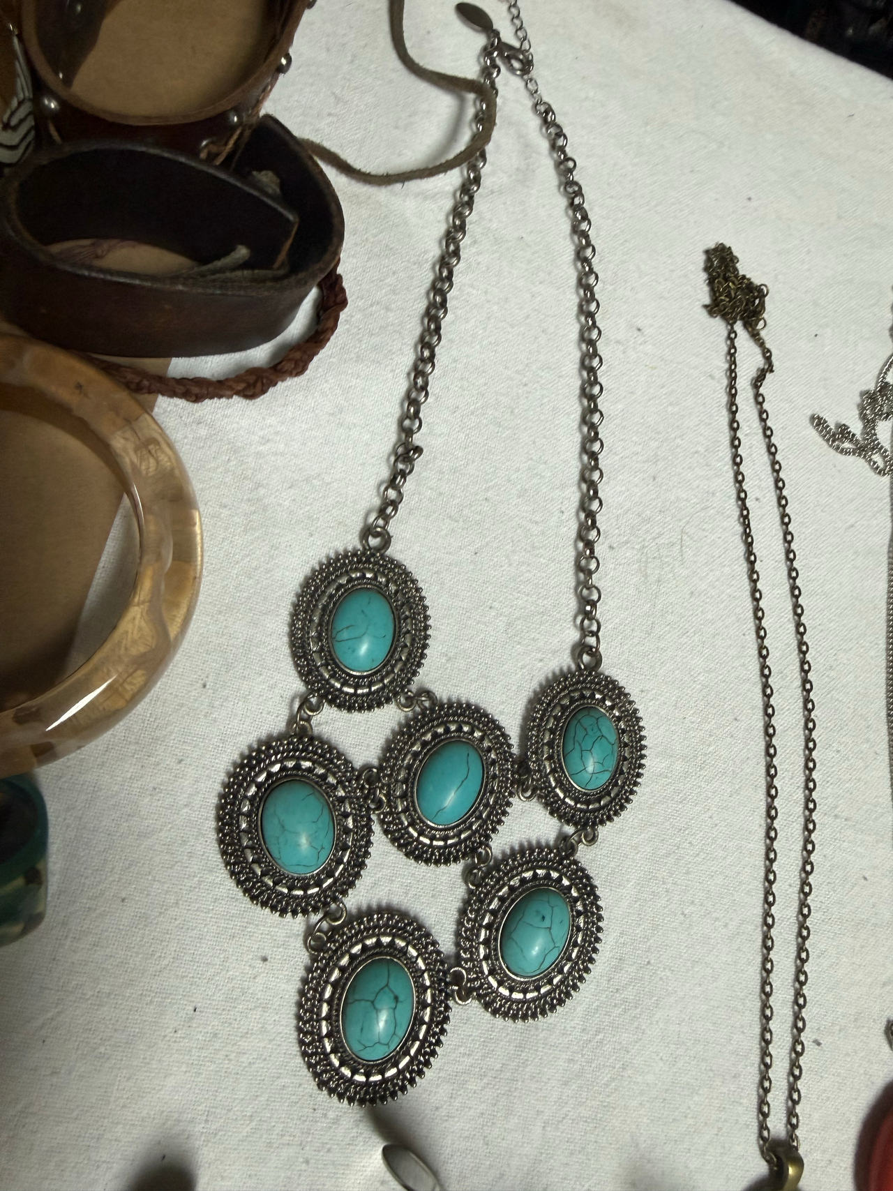 Faux Turquoise Silver Tone Statement Necklace