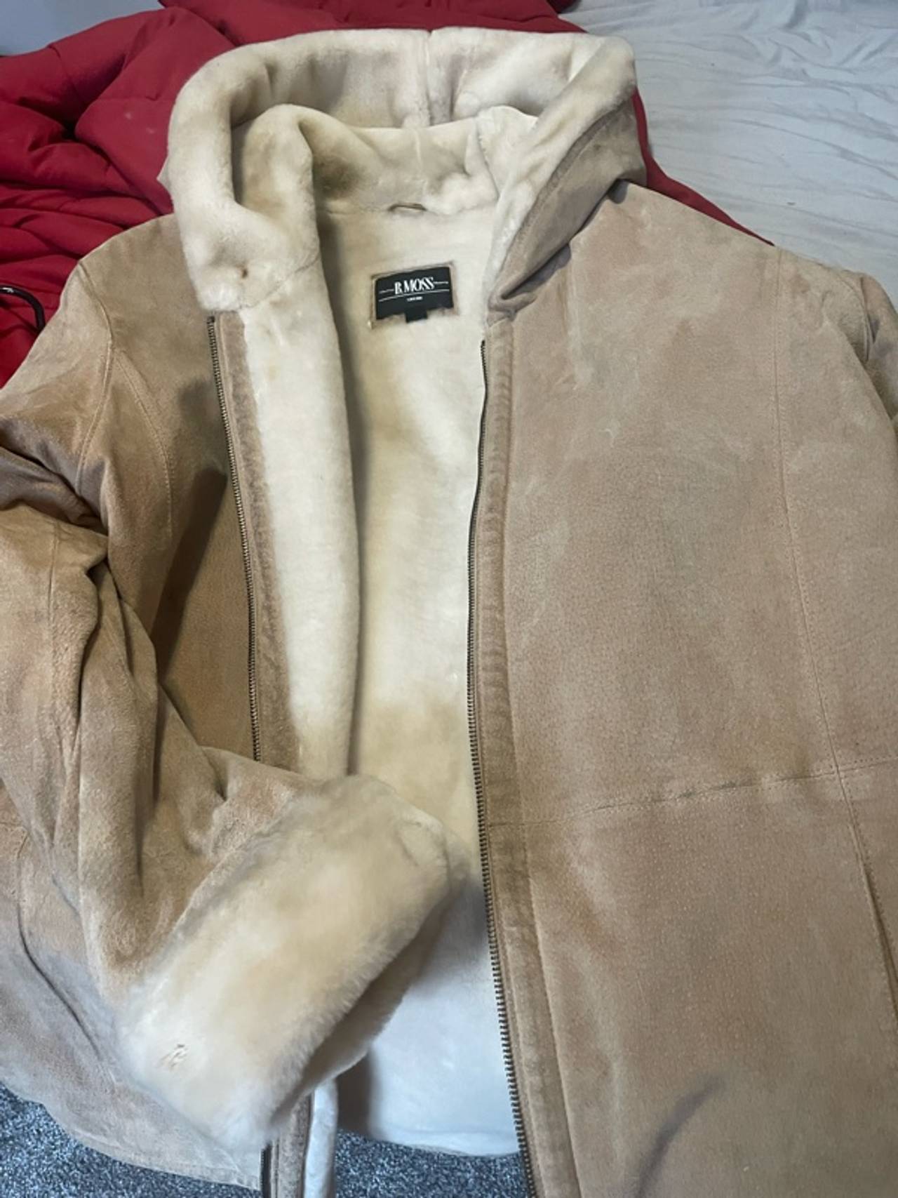 B Moss tan suede coat with faux fur lining