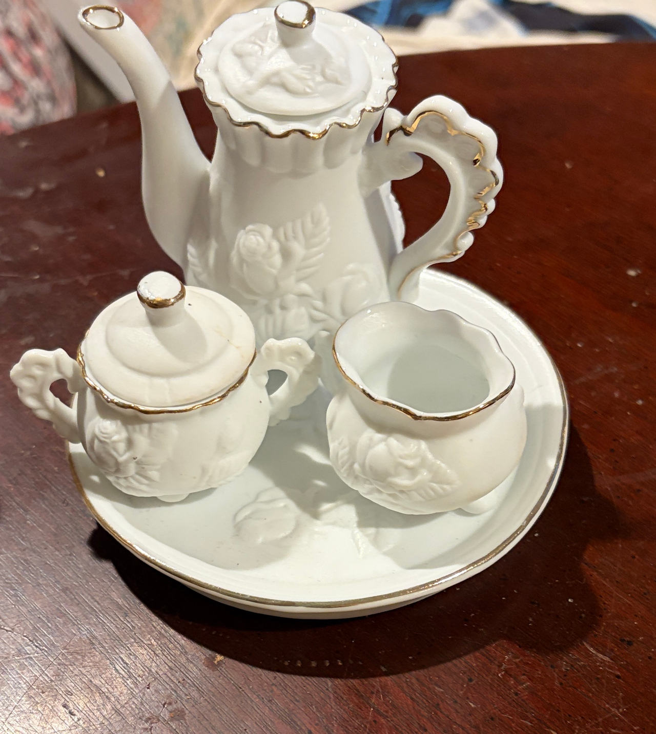 Miniature Porcelain Rose Tea Set with Gold Trim