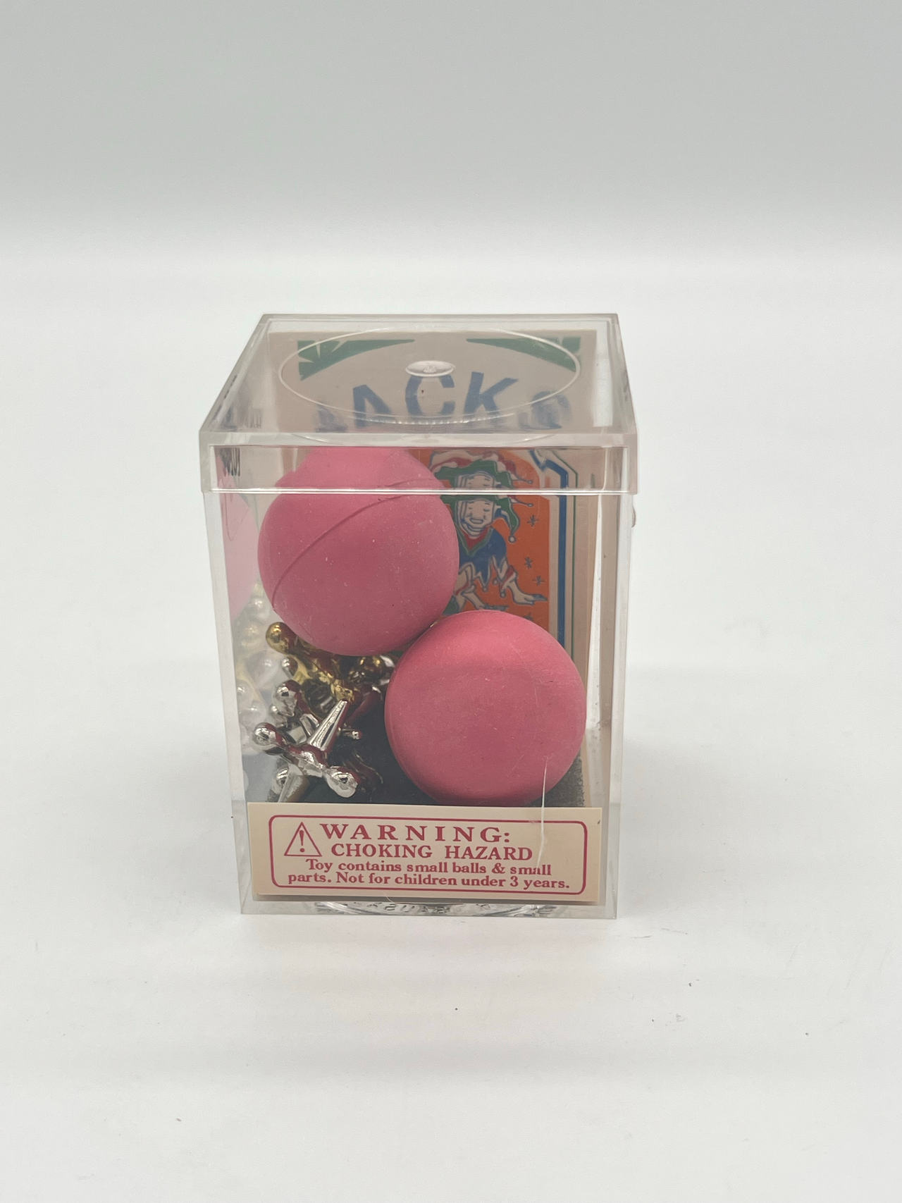 Vintage 1994 Jacks Game Set 10 Metal Jacks 2 Pink Balls Clear Box Complete