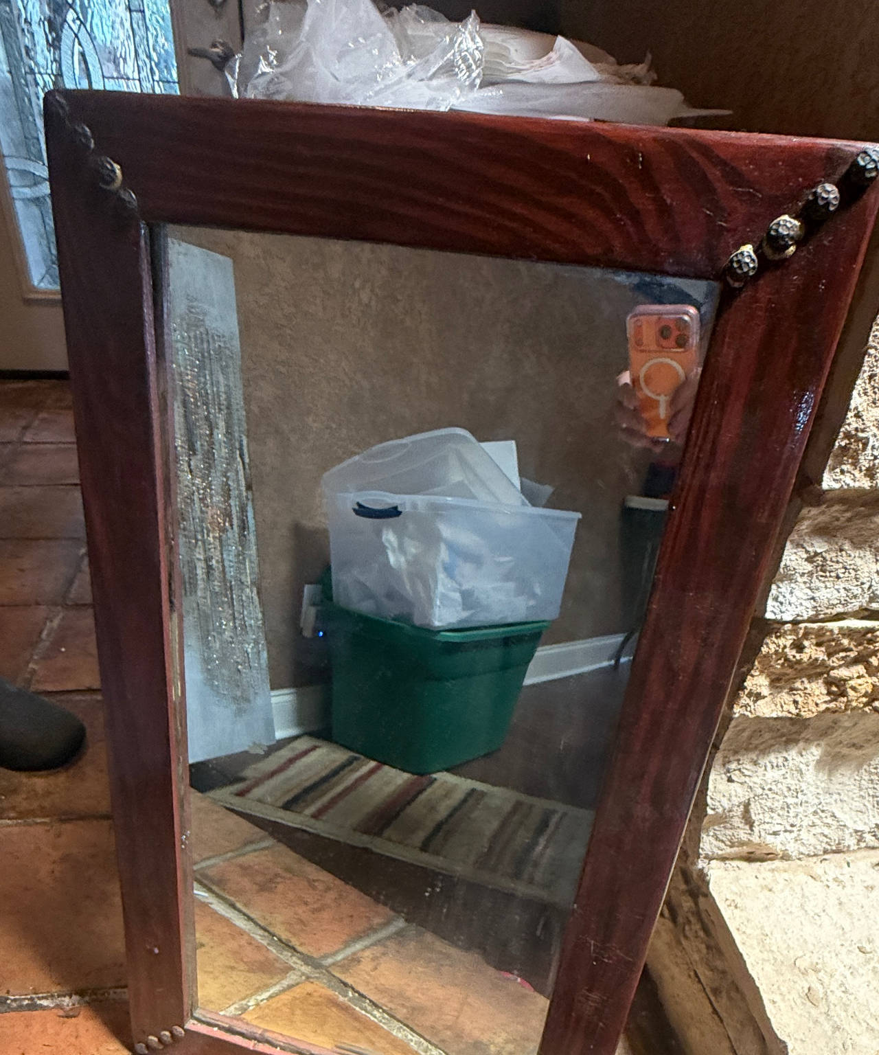 Rustic Wood Framed Wall Mirror with Metal Studs