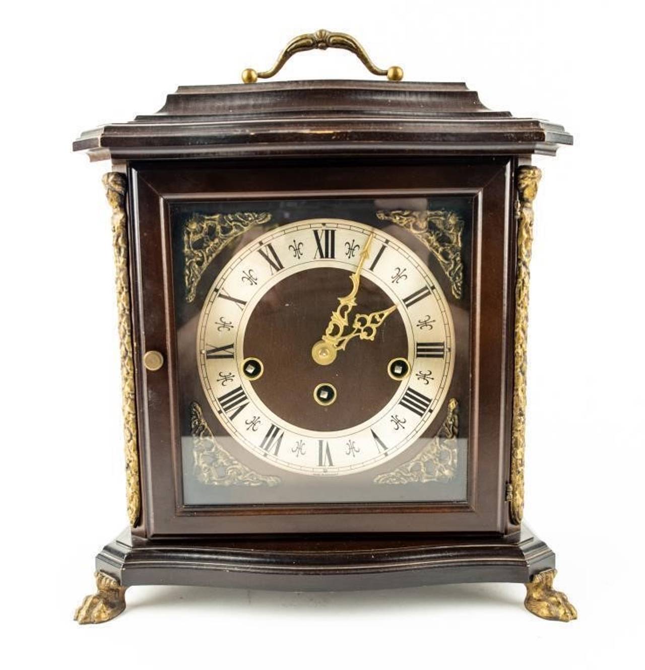 Vintage Franz Hermle & Sons Germany mantel clock with key and brass feet