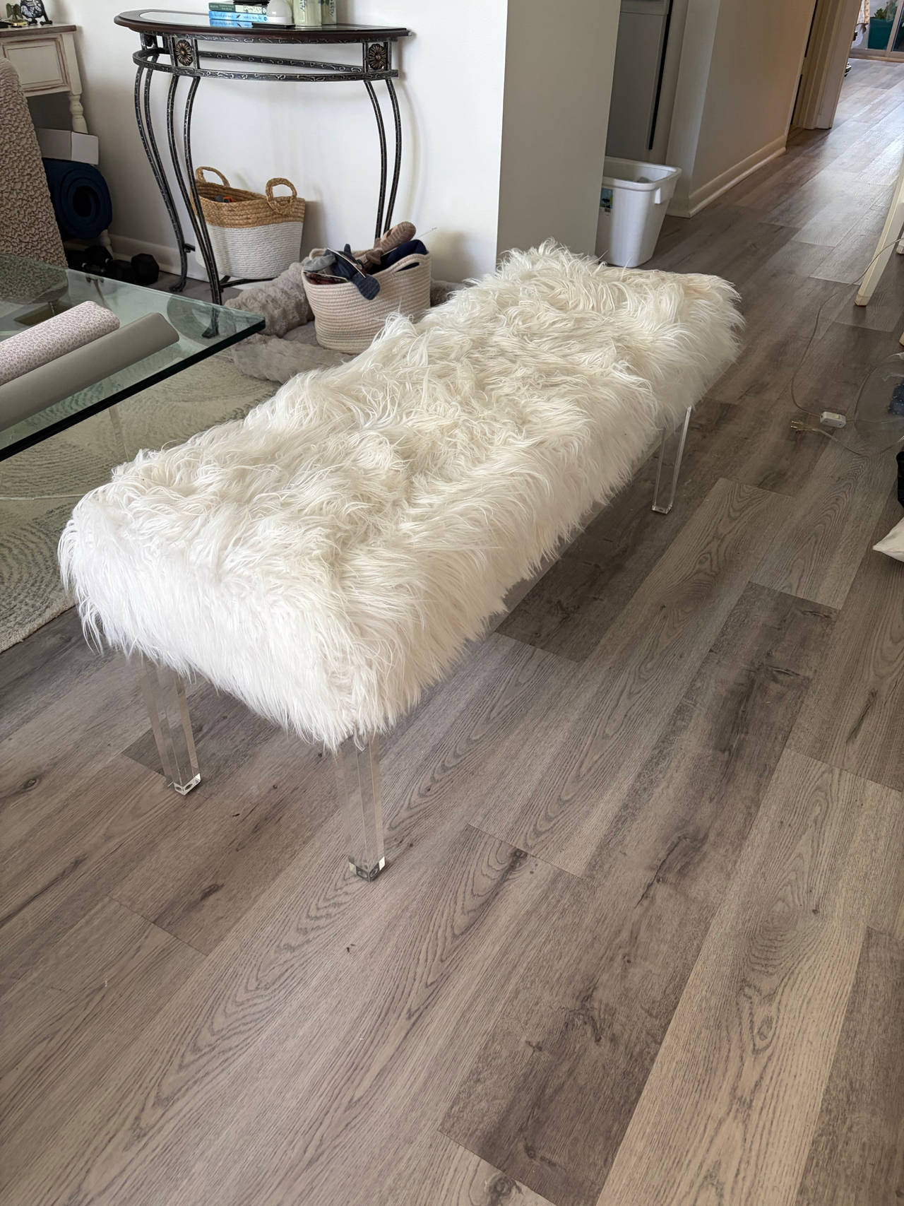White Faux Fur Bench with Acrylic Legs