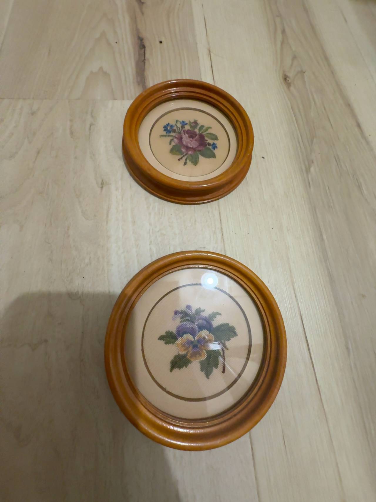 Vintage Floral Needlepoint Round Wooden Framed Wall Art Set of 2