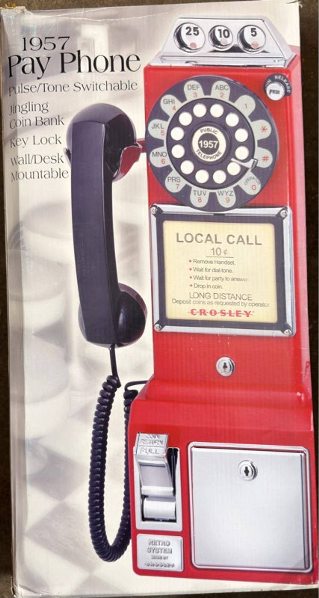 Crosley CR56-RE 1957 Retro Pay Phone with Coin Bank - Red