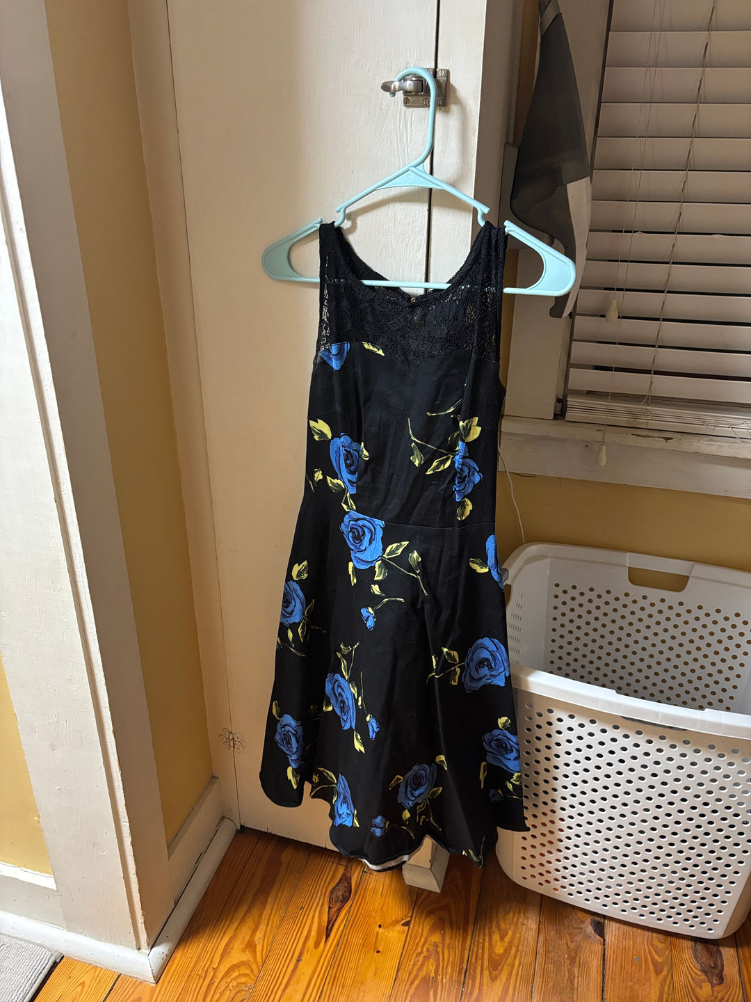 Black Floral Dress with Blue Roses and Lace Trim