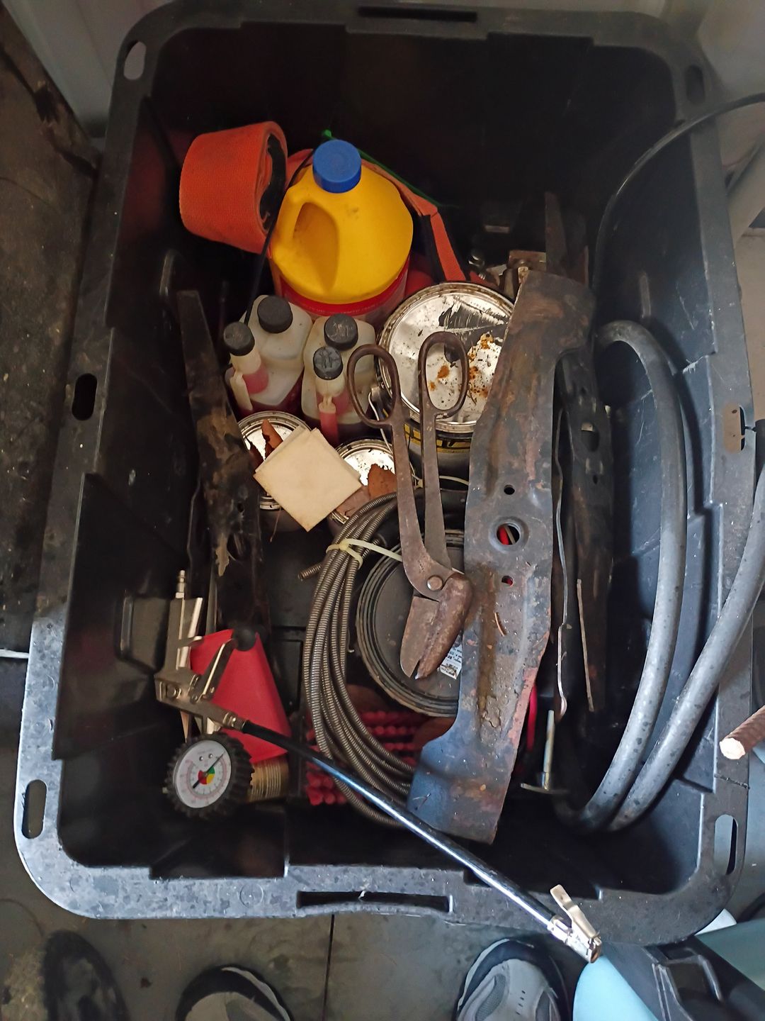 Bin of Assorted Tools and Garage Supplies