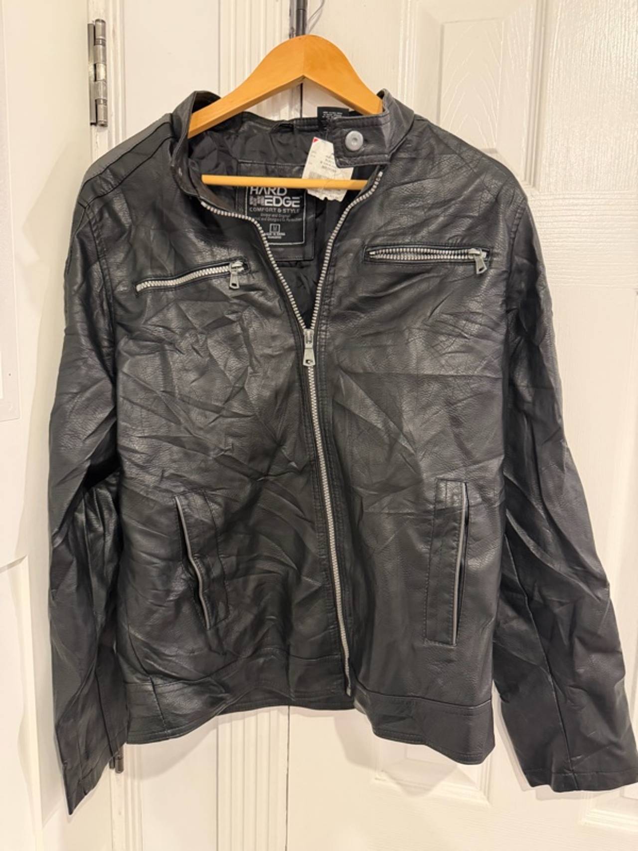 Hard Edge Men's Faux Leather Hooded Racer Jacket Black