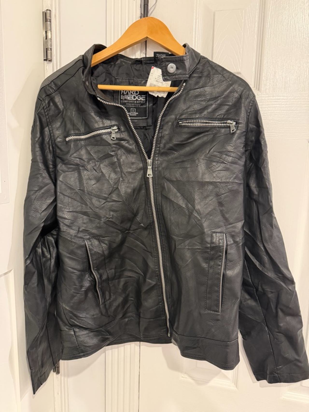Hard Edge Men's Faux Leather Hooded Racer Jacket Black