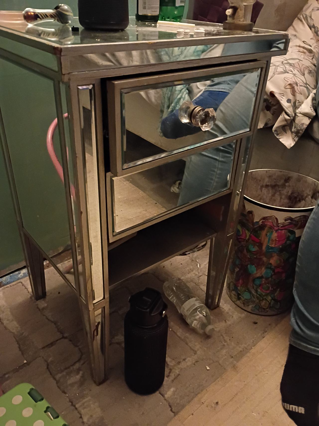Mirrored 1-Drawer Nightstand with Open Shelf
