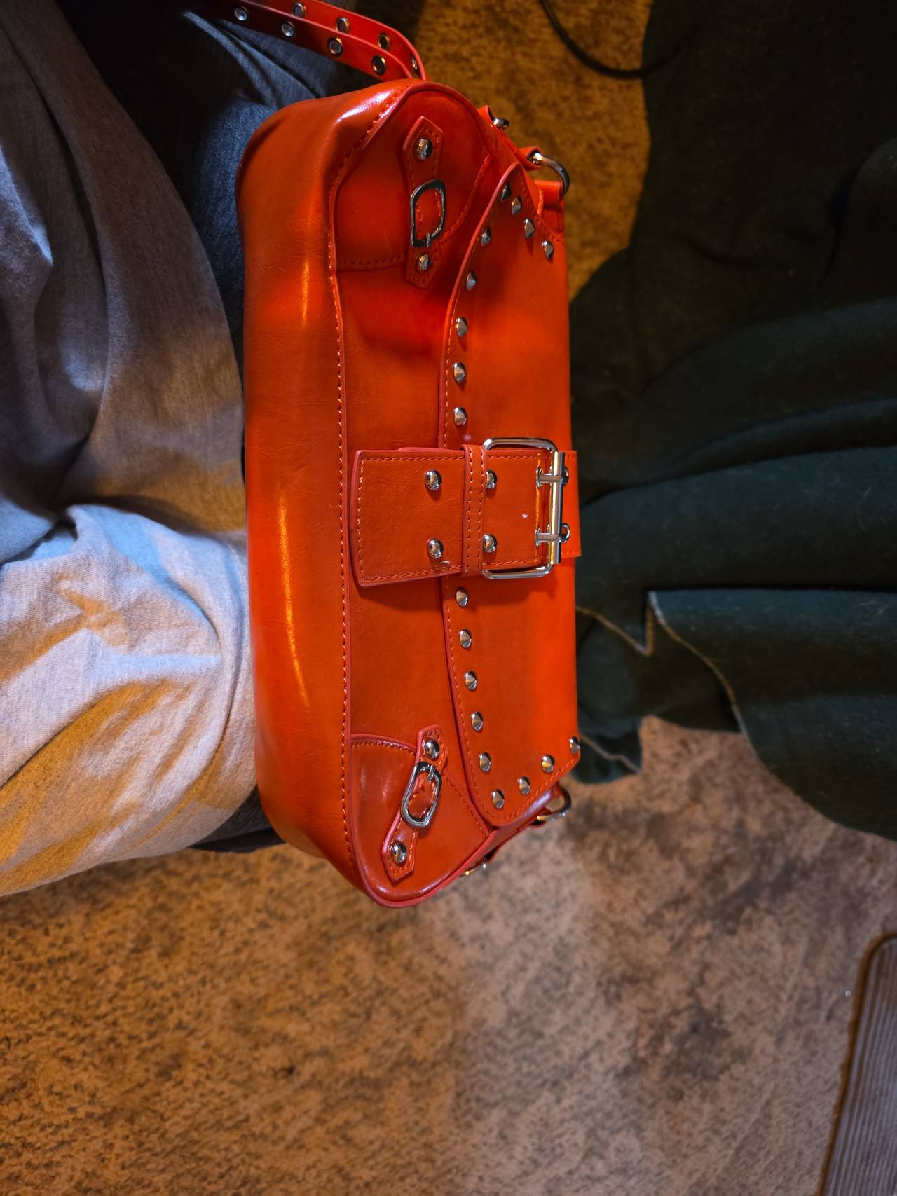 Orange Studded Buckle Shoulder Bag