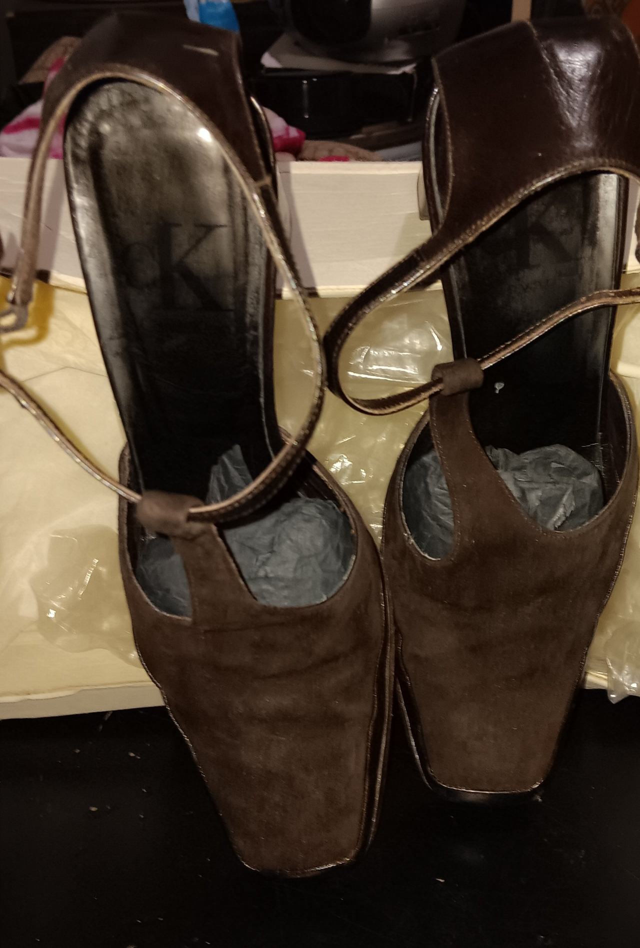 Calvin Klein Suede T-Strap Square Toe Heels