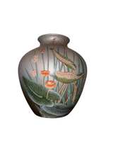 Vintage Frosted Glass Enameled Lotus Vase - Image 1