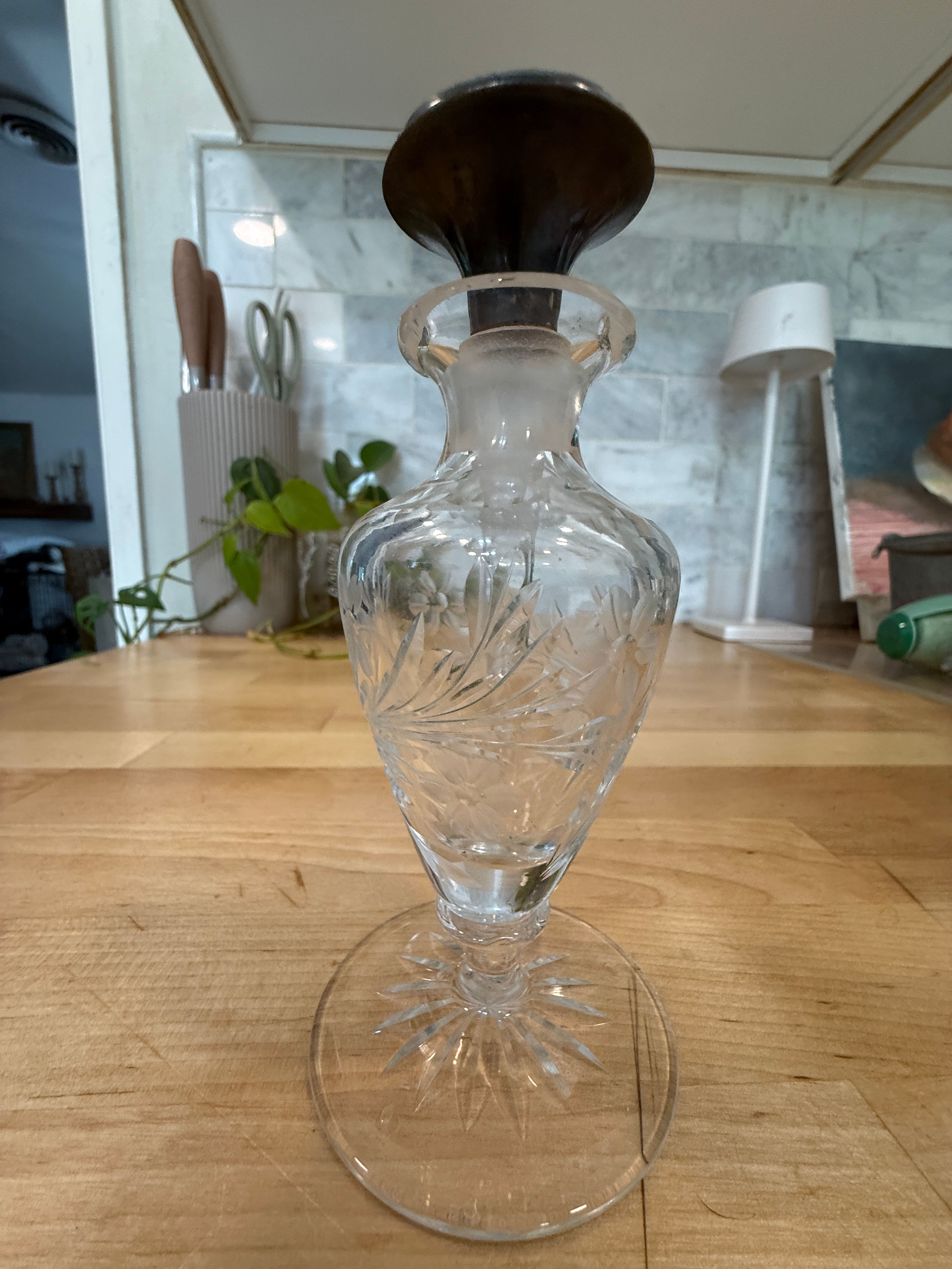 Vintage Cut Glass Perfume Bottle with Metal Stopper