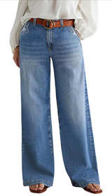 Flamingals Wide Leg Jeans for Women Mid Waist Baggy Stitch Decor Denim Washed XL - Image 2
