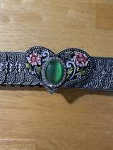 Vintage Boho Stretch Belt Heart Buckle Green Stone Floral Western Statement Belt - Image 2