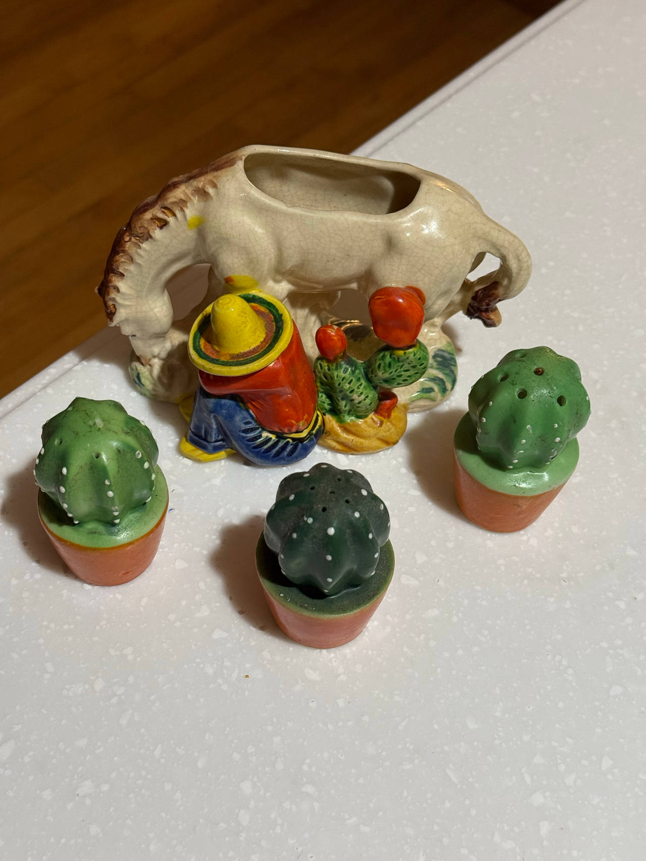 Vintage Ceramic Donkey Planter and Cactus Salt & Pepper Shaker Set