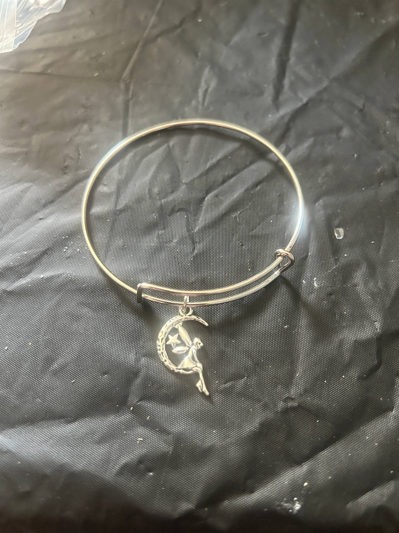 Expandable Bangle Bracelet with Fairy on Crescent Moon Charm