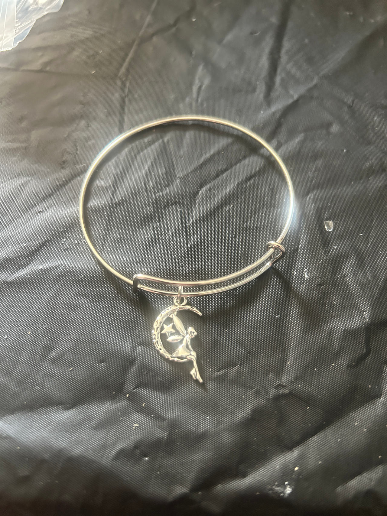 Expandable Bangle Bracelet with Fairy on Crescent Moon Charm