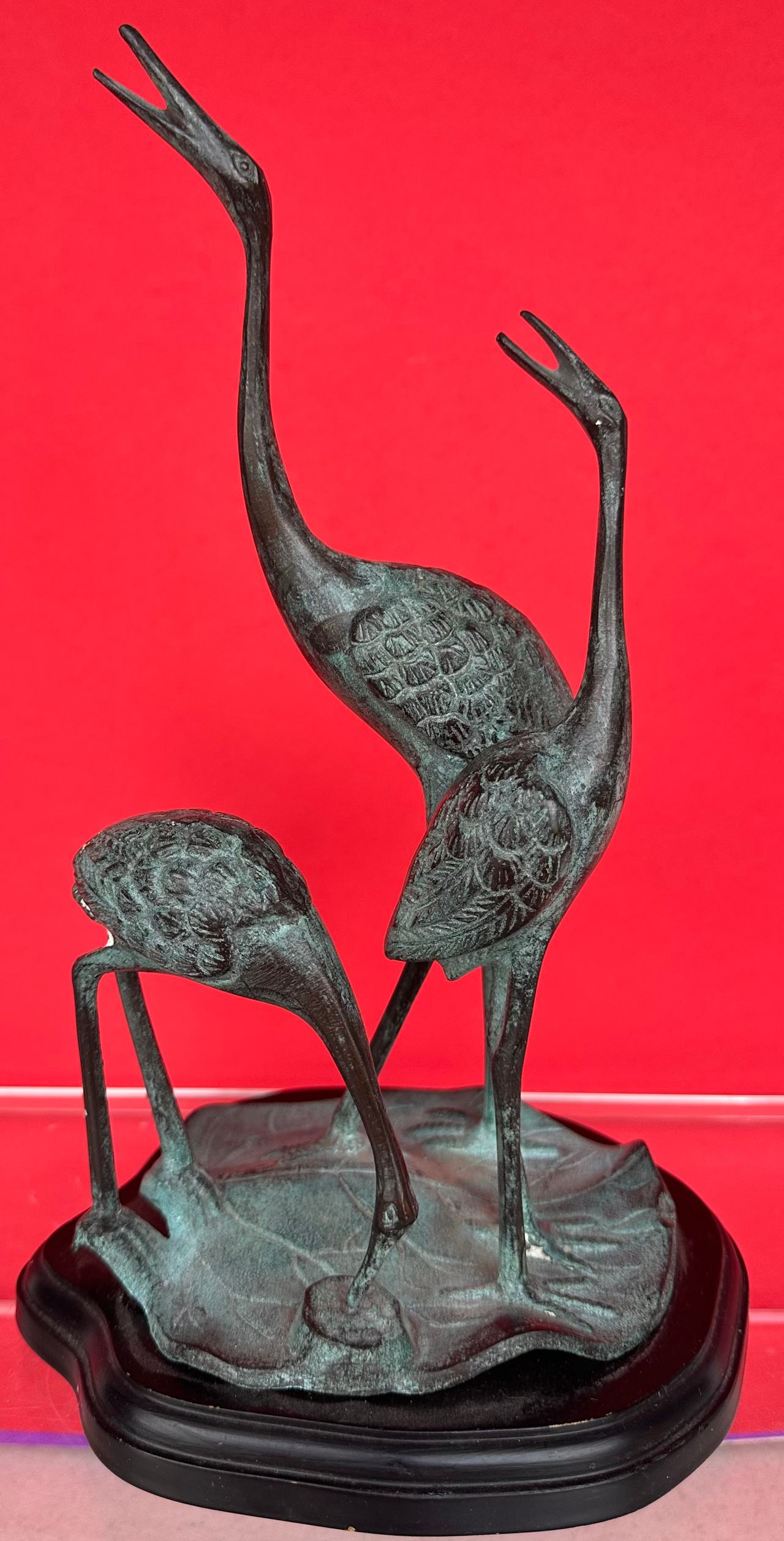 Vintage Bronze Crane Trio Sculpture
