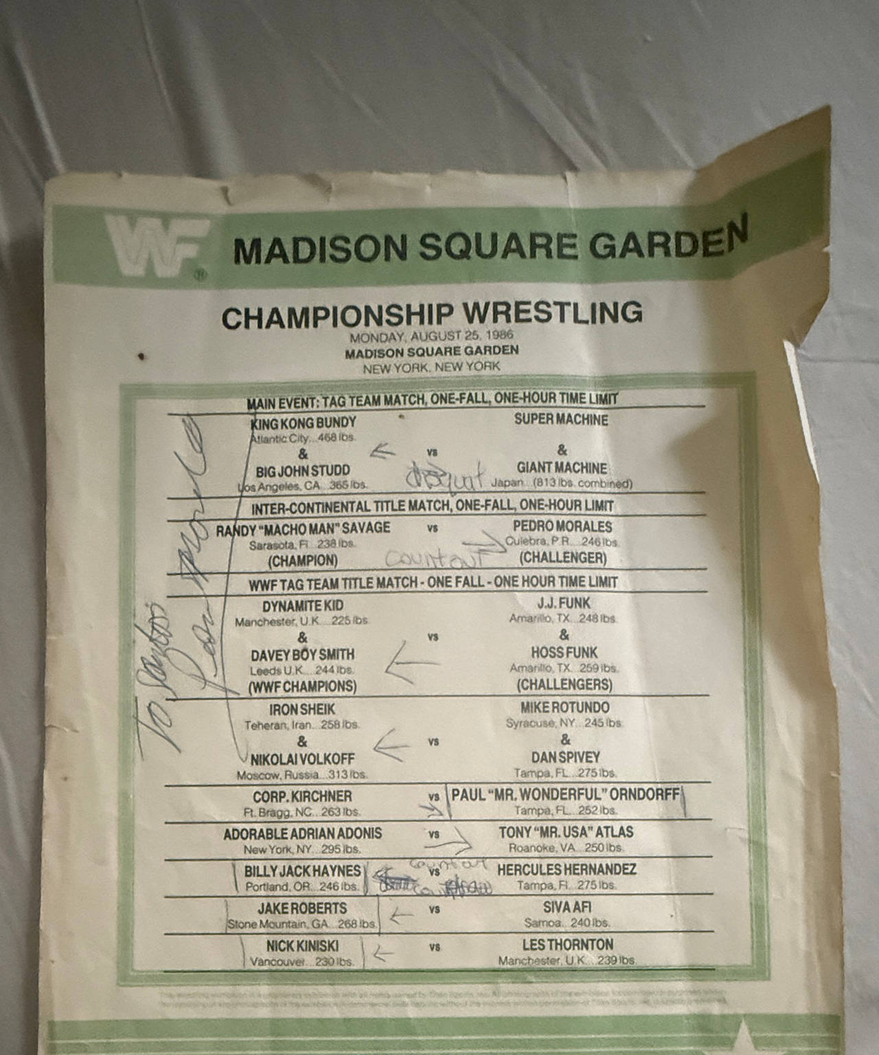 WWF Madison Square Garden Lineup Sheet August 25, 1986 Signed by Don Muraco