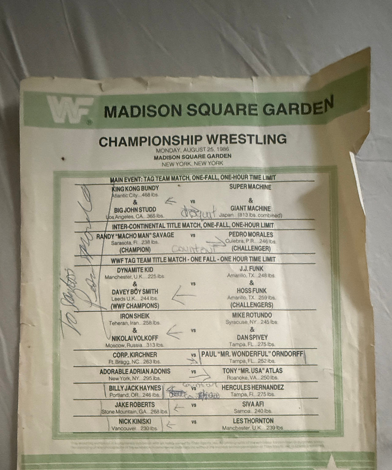 WWF Madison Square Garden Lineup Sheet August 25, 1986 Signed by Don Muraco