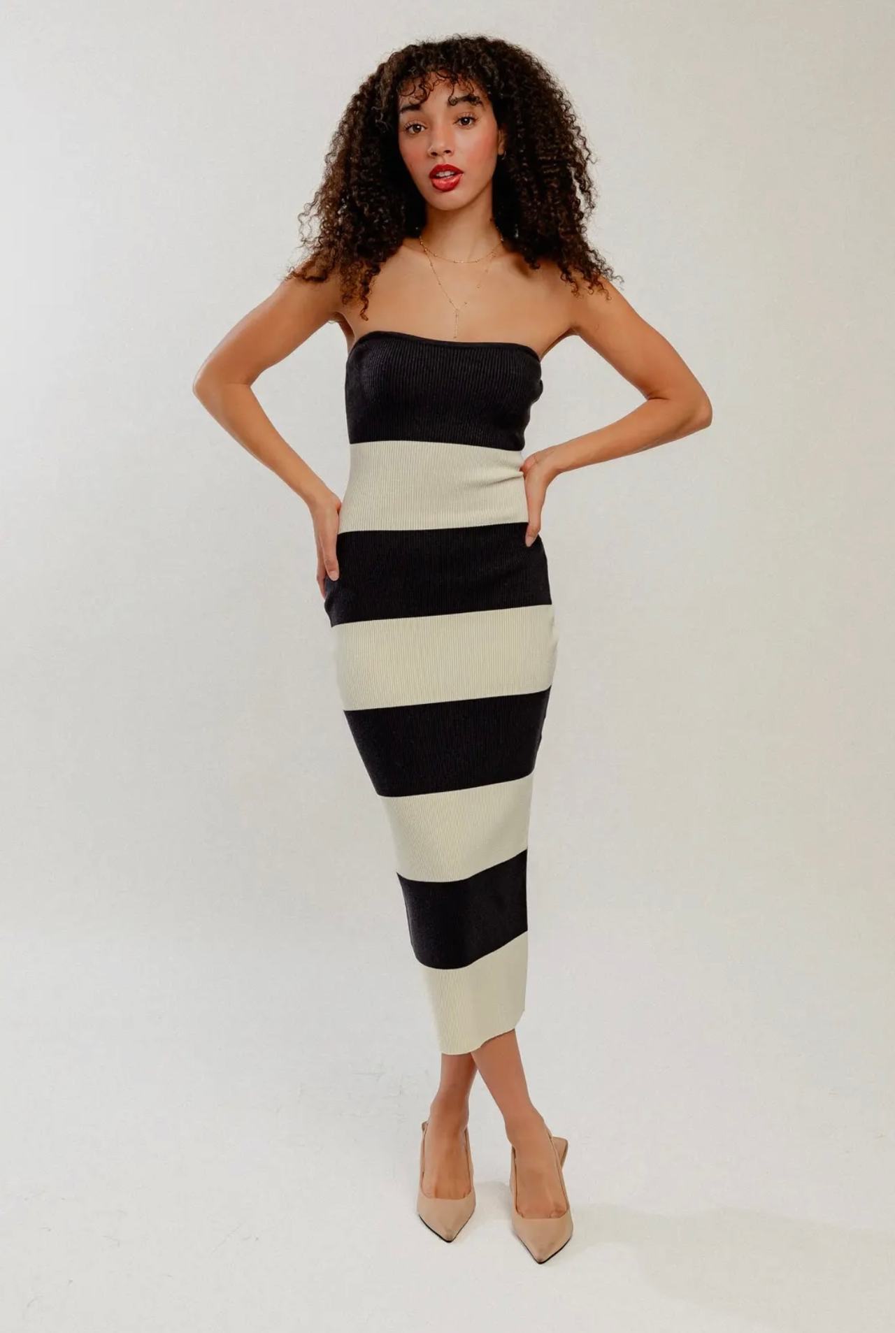 Striped Strapless Knit Midi Dress