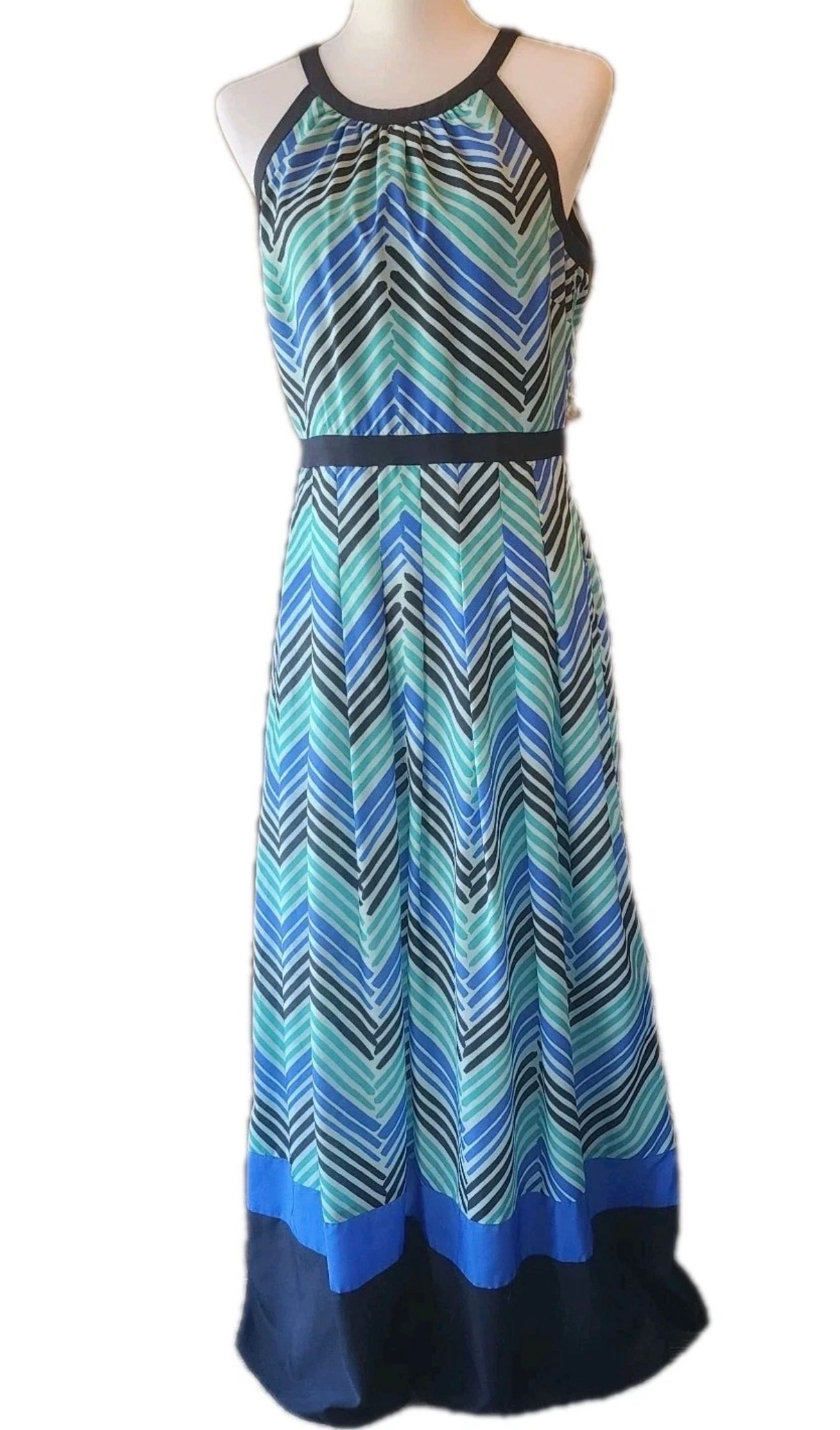 Ann Taylor Stripe Blue Green Maxi Halter Dress - size 12P - Image 3
