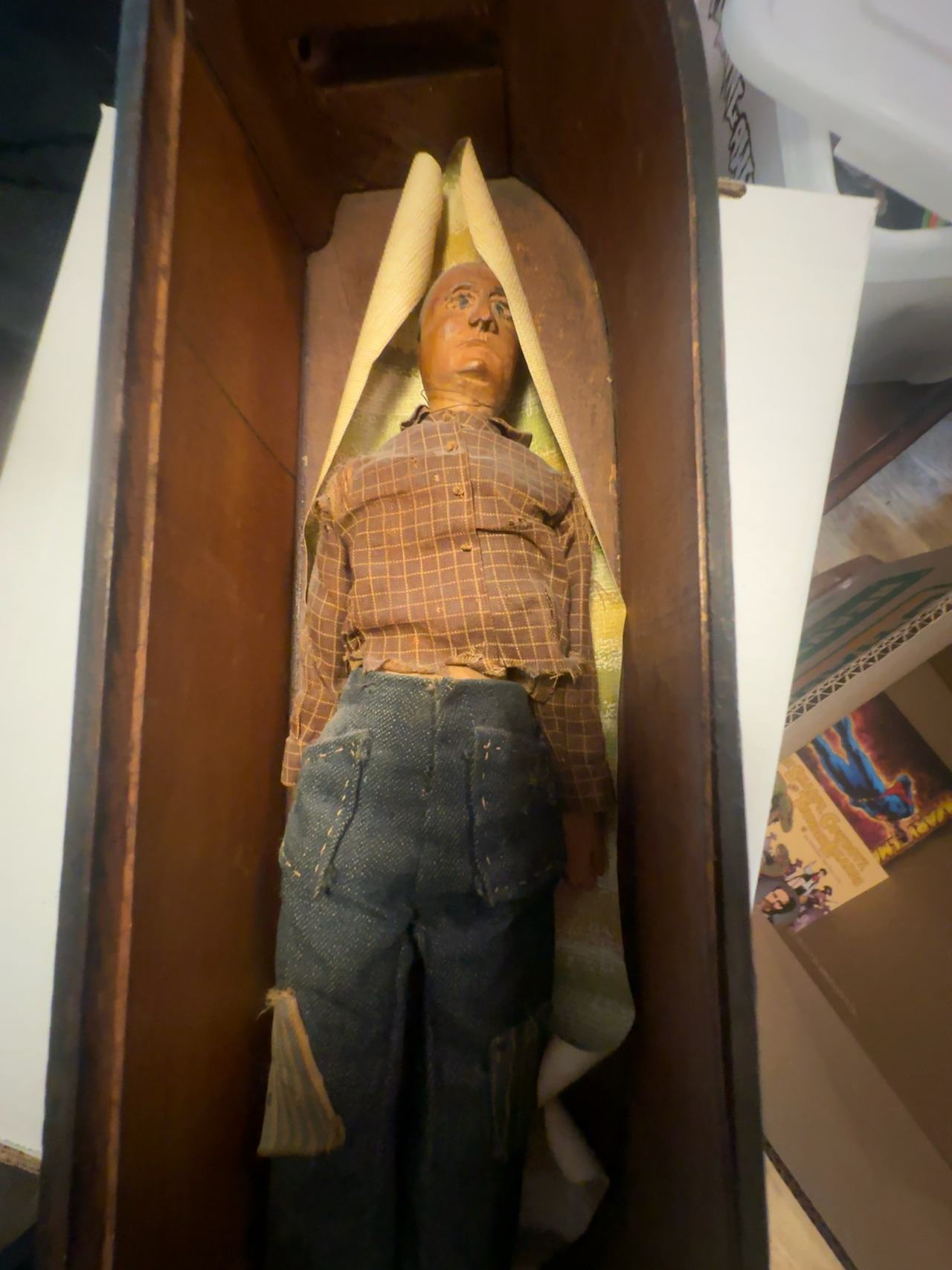 Handmade Carved Wood Farmer Figurine with Denim Overalls