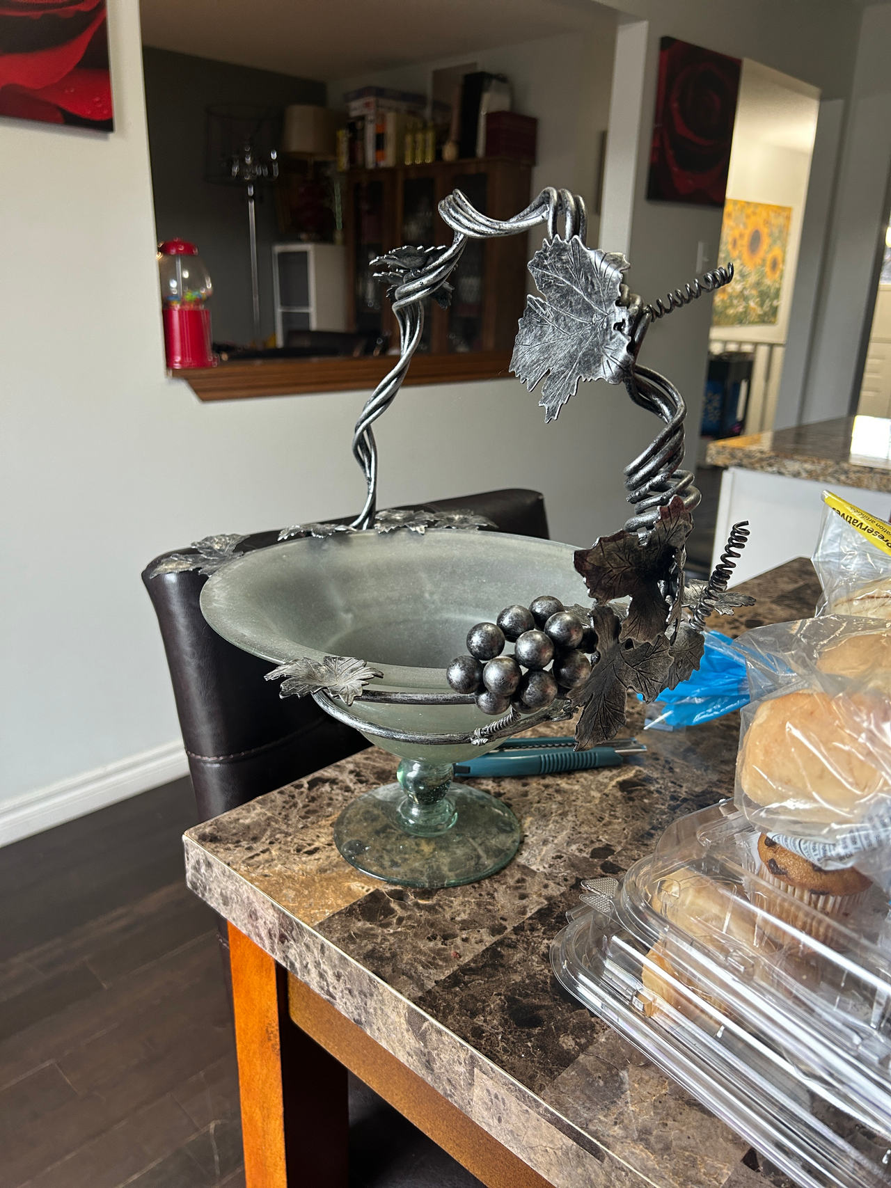 Art Nouveau Style Glass and Metal Fruit Bowl