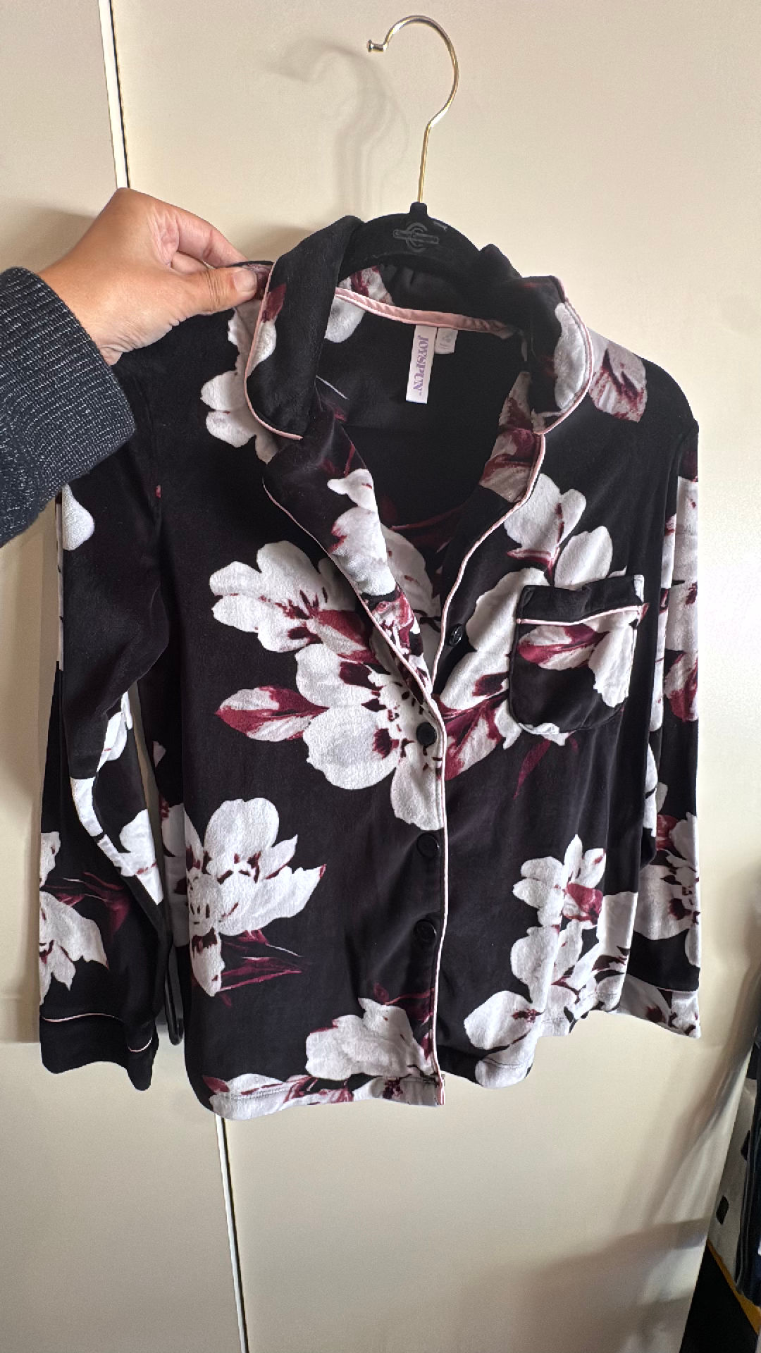 Joyspun Women's Velour Knit Pajama Set Black/White Floral