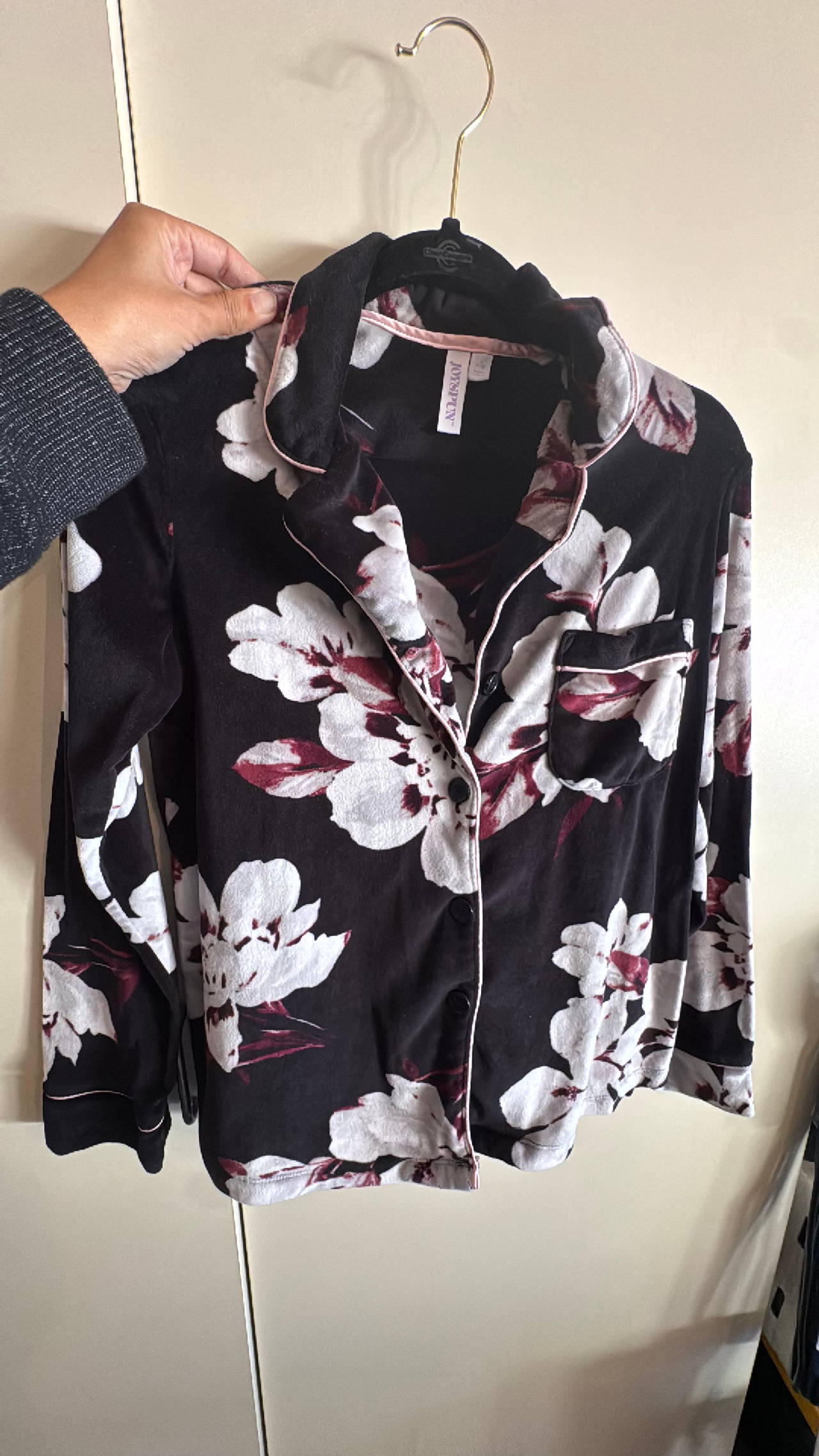 Joyspun Women's Velour Knit Pajama Set Black/White Floral