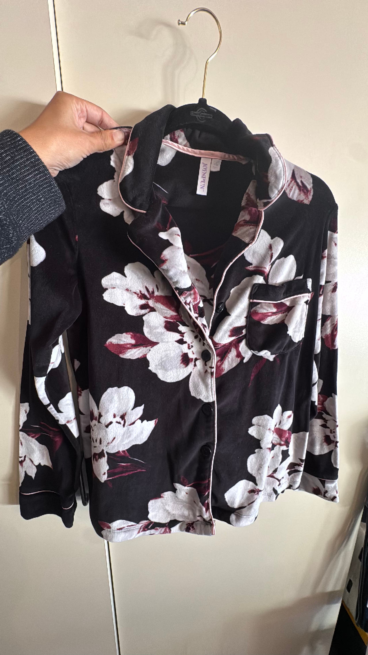 Joyspun Women's Velour Knit Pajama Set Black/White Floral